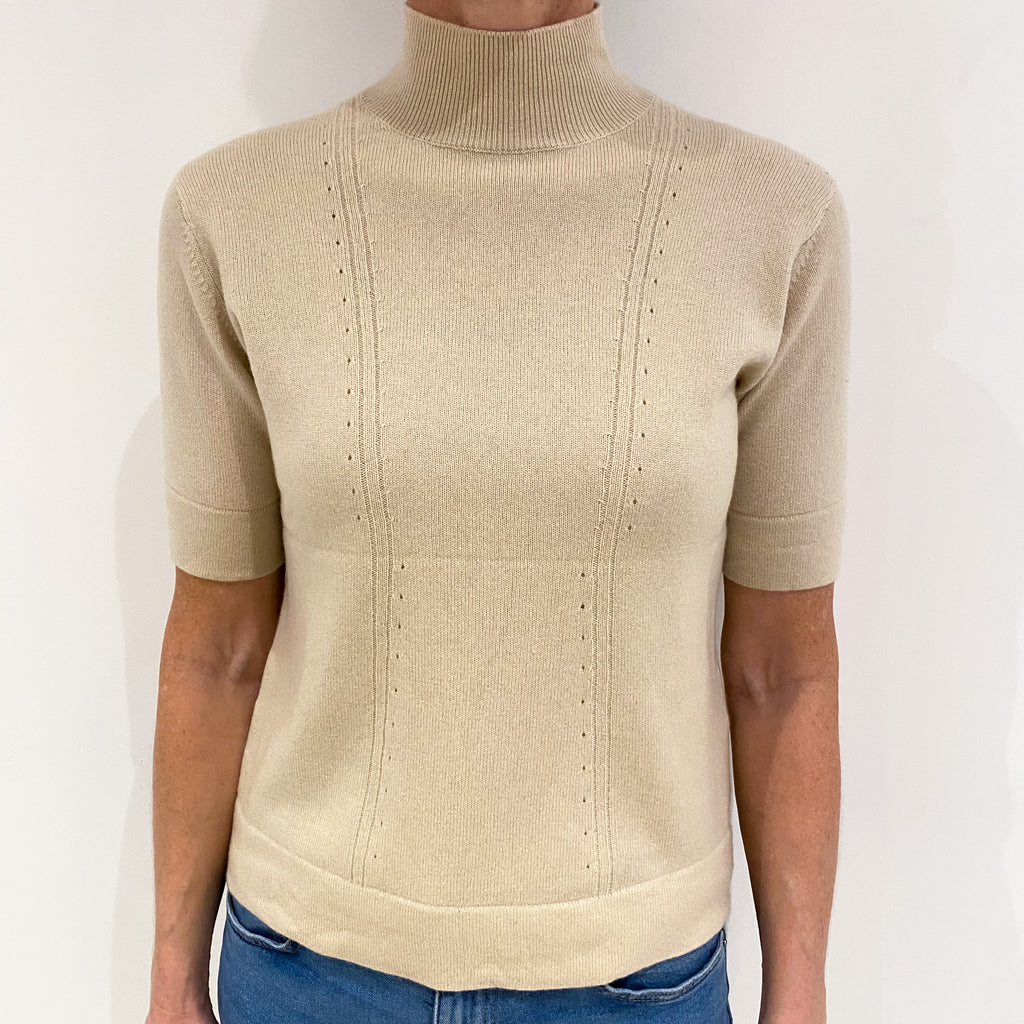 Beige Cashmere Short Sleeve Turtle Neck Jumper Small