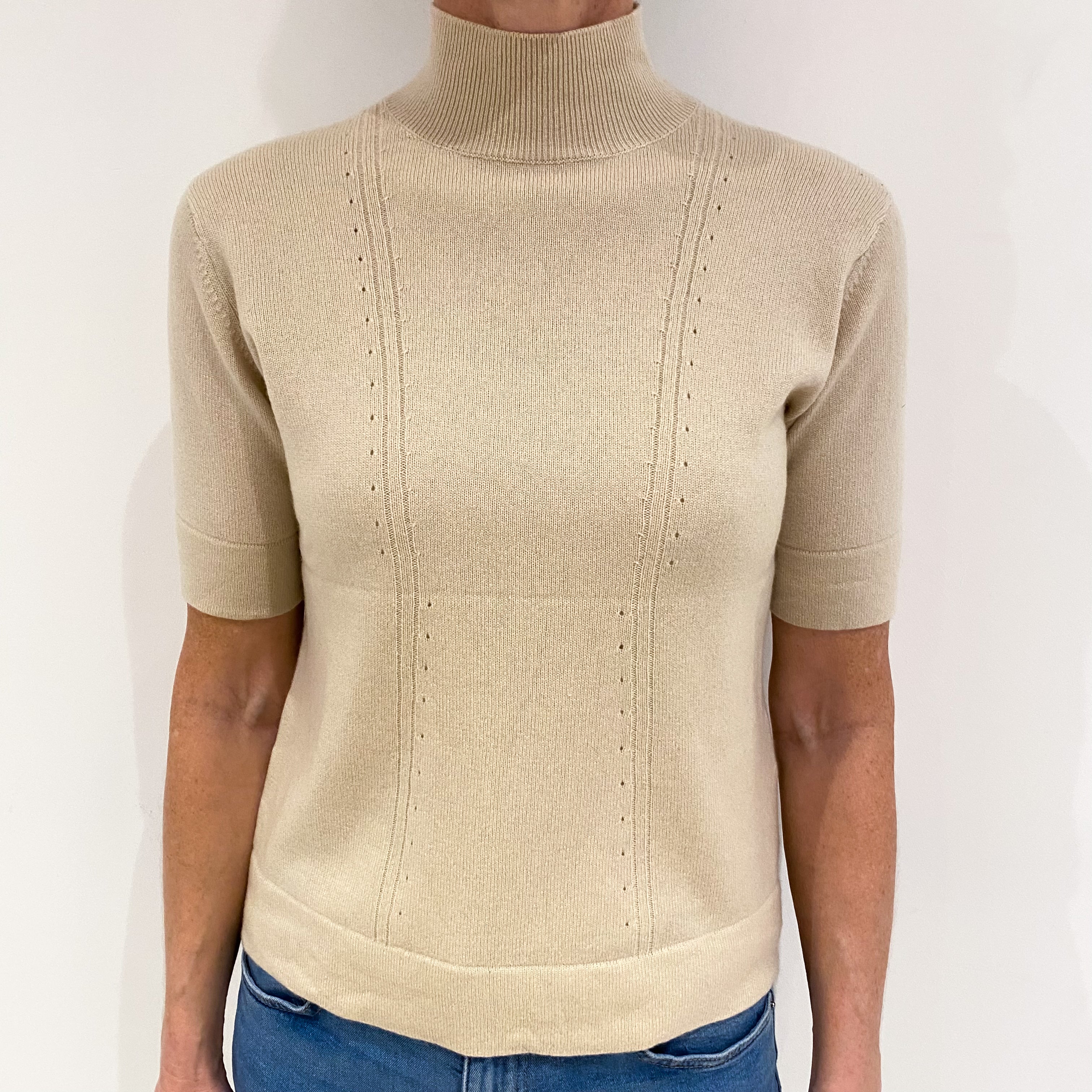 Beige Cashmere Short Sleeve Turtle Neck Jumper Small
