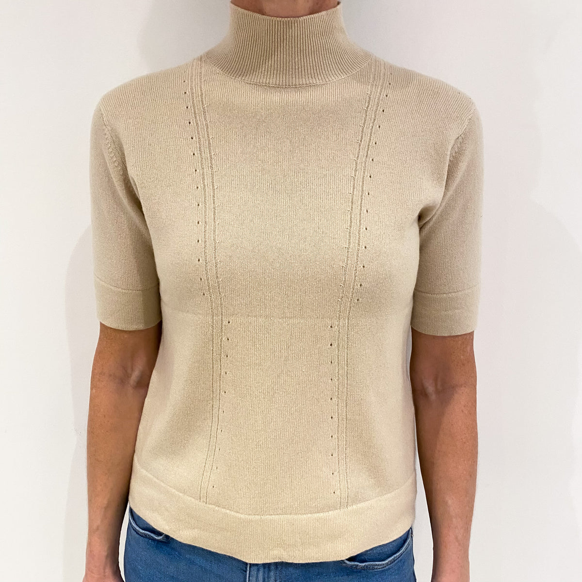 Beige Cashmere Short Sleeve Turtle Neck Jumper Small