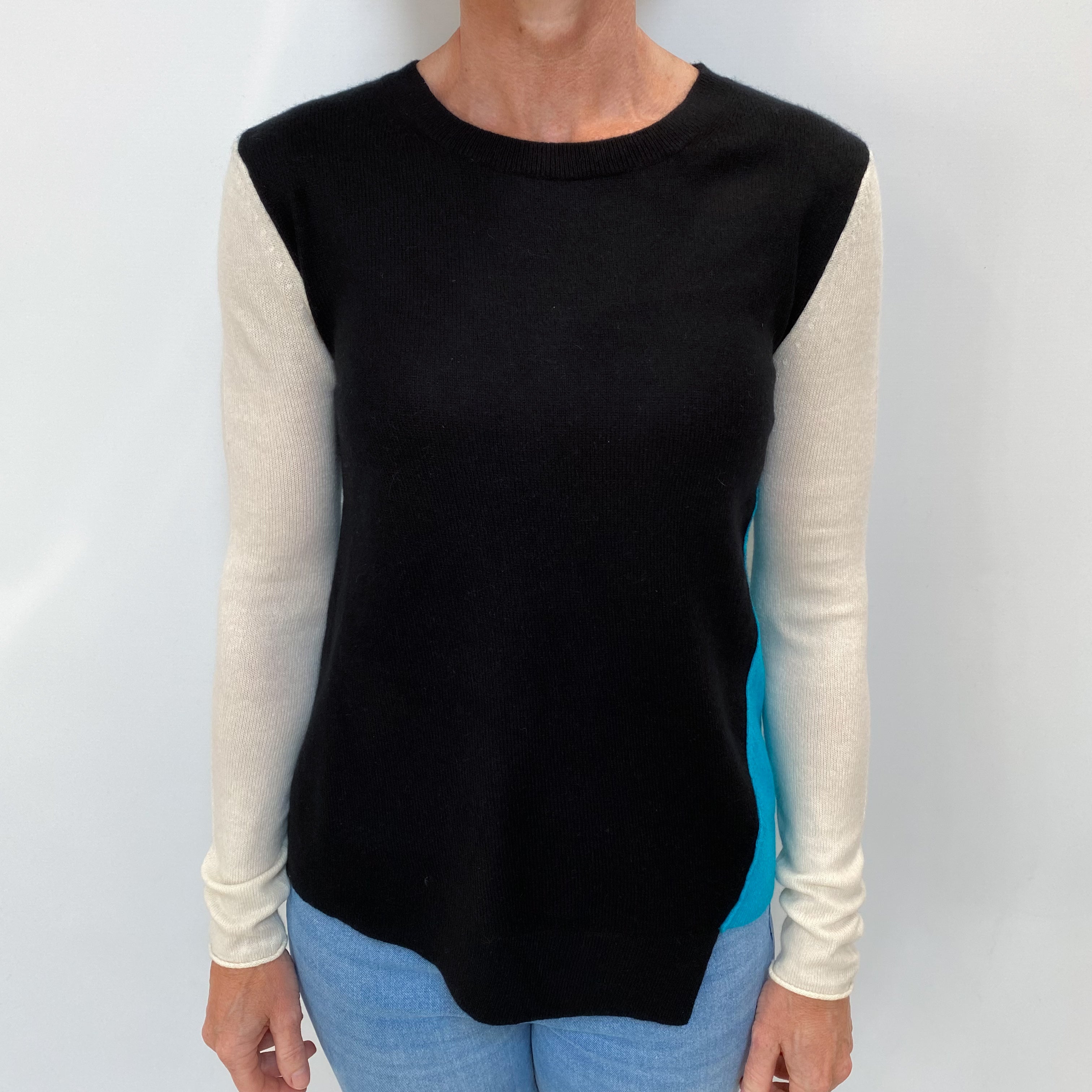 Black Cream and Turquoise Cashmere Crew Neck Jumper Small