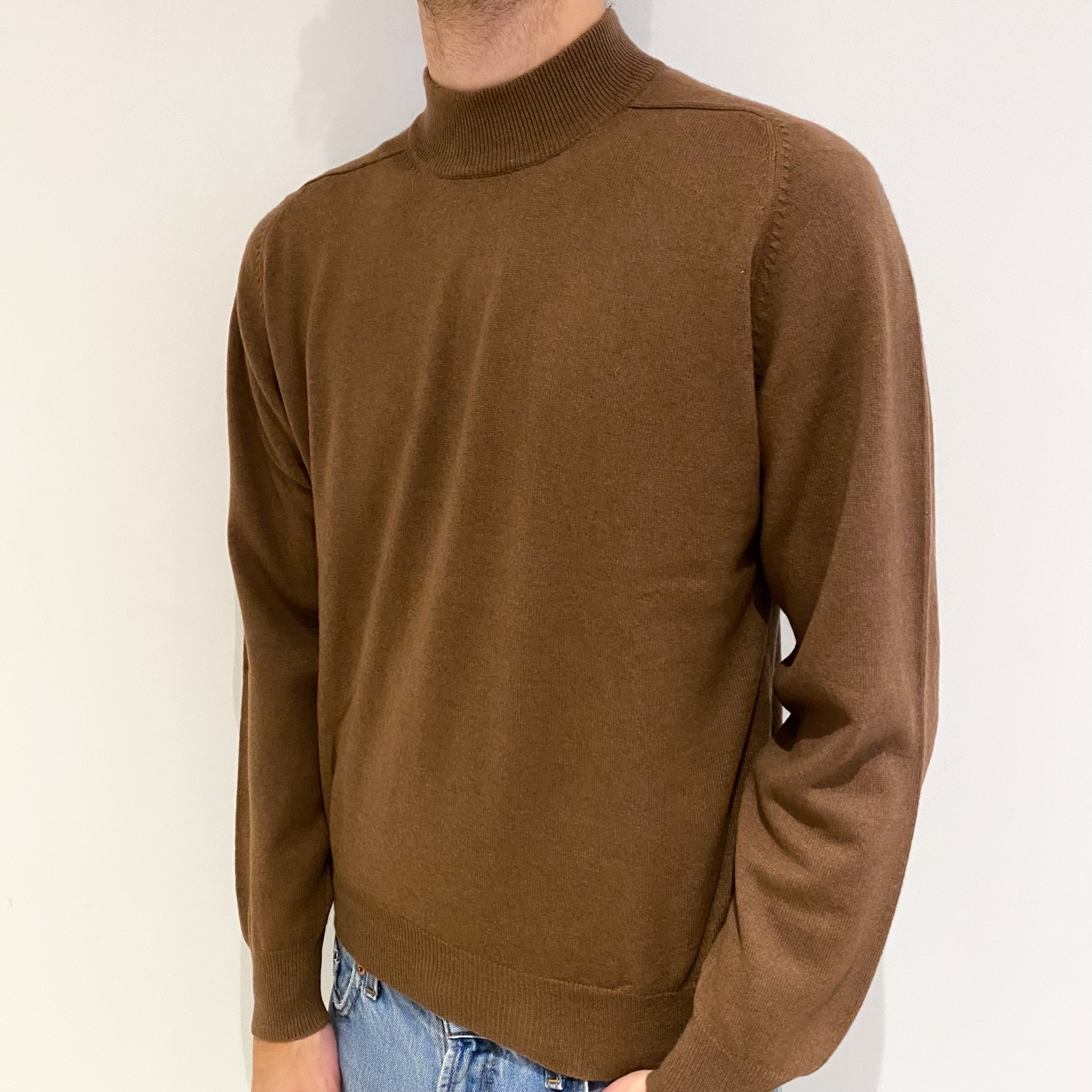 Men's Toffee Brown Cashmere Turtle Neck Jumper Large