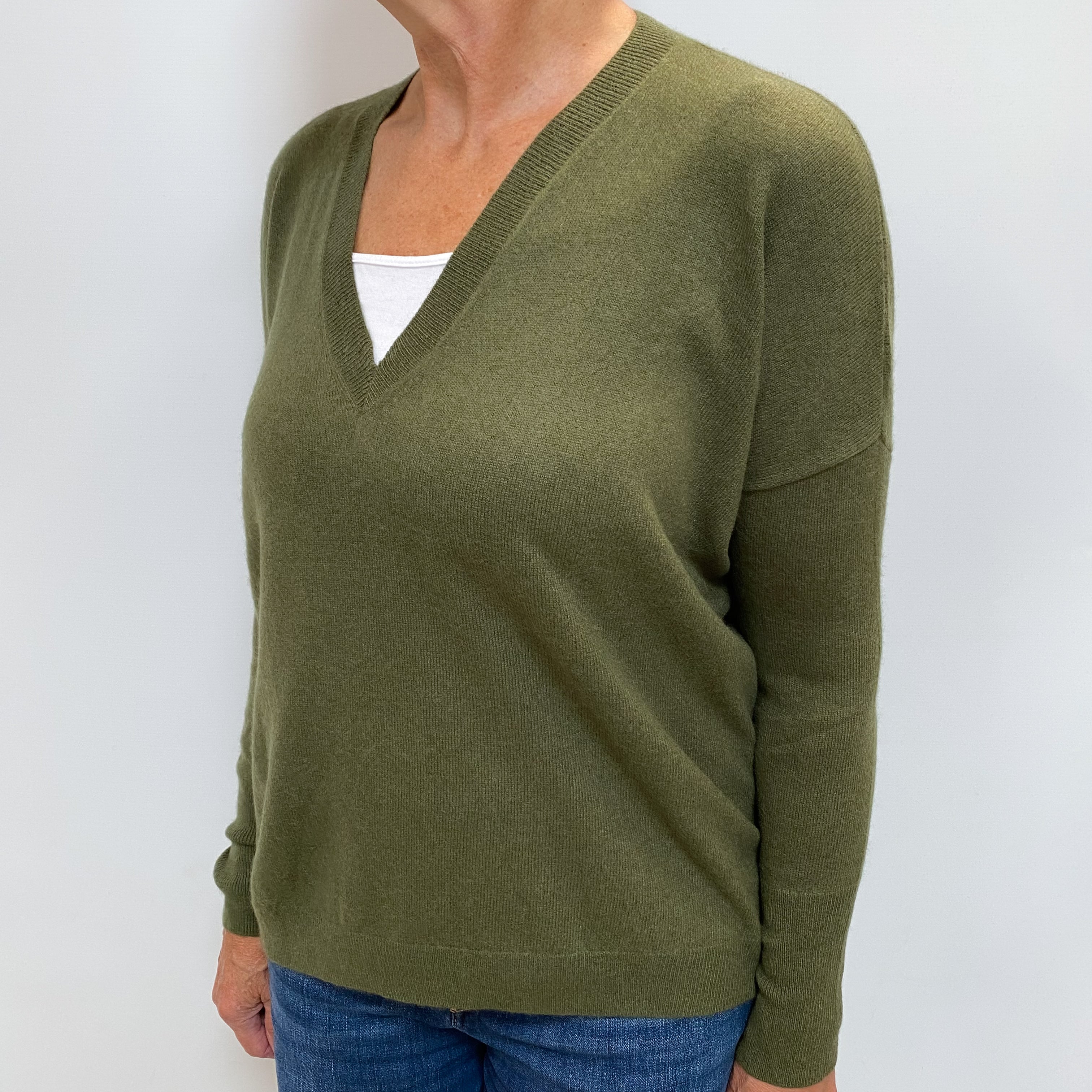 Khaki Green Cashmere V Neck Jumper Medium