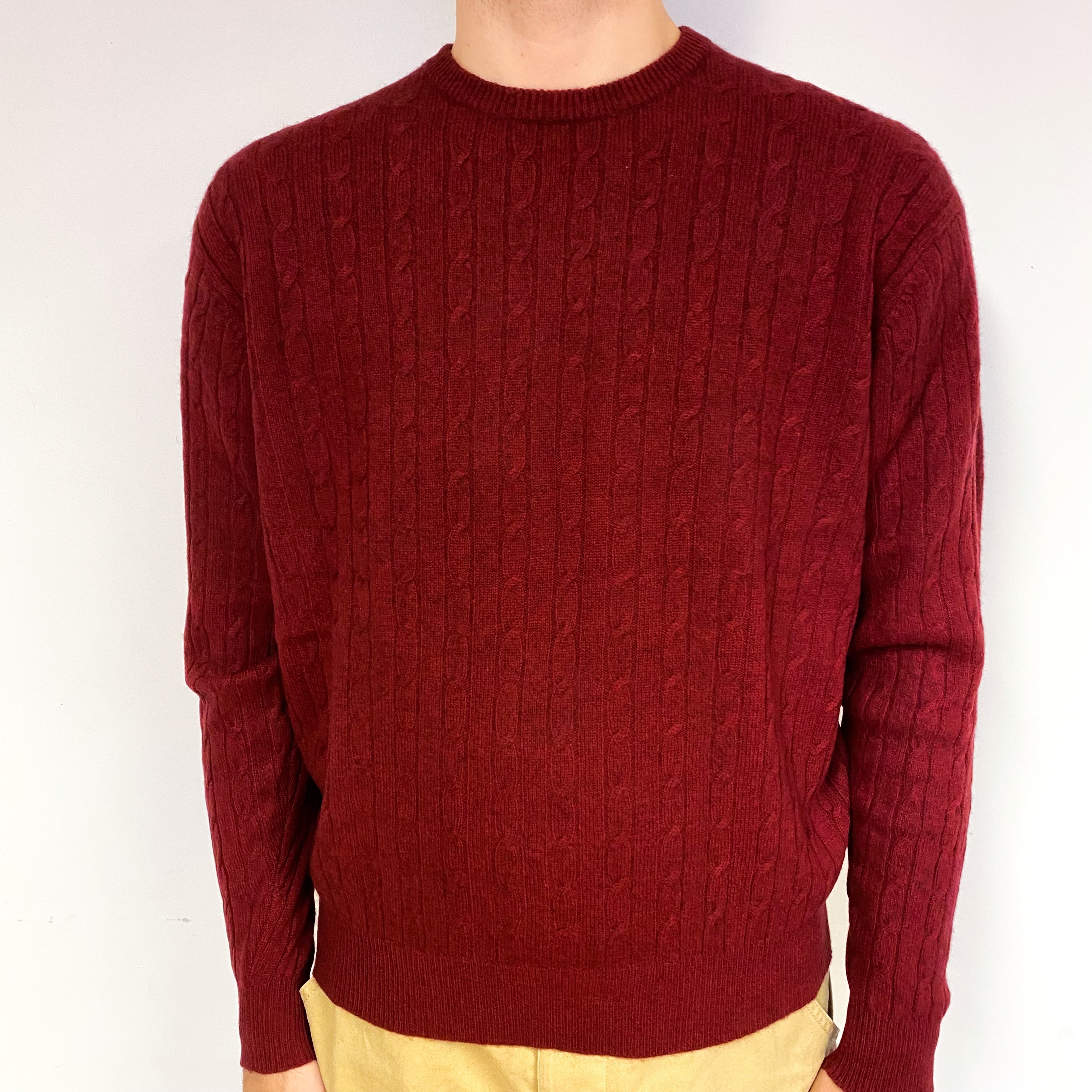 Men's Burgundy Red Cashmere Crew Neck Jumper Large