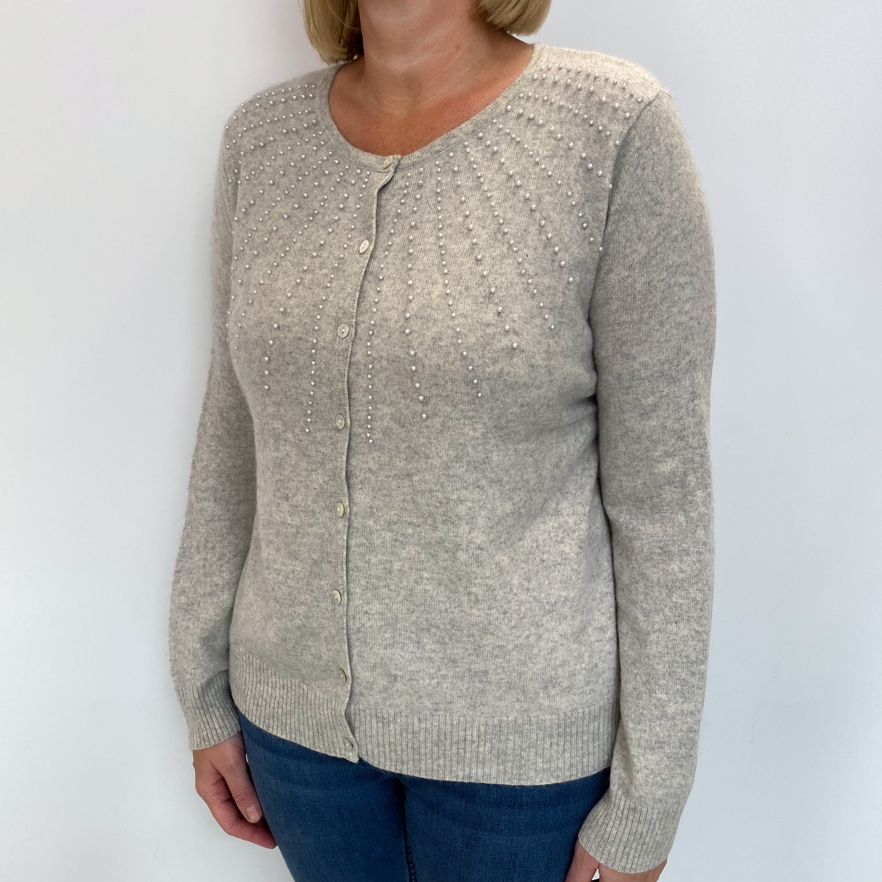 Mist Grey Cashmere Crew Neck Cardigan Large