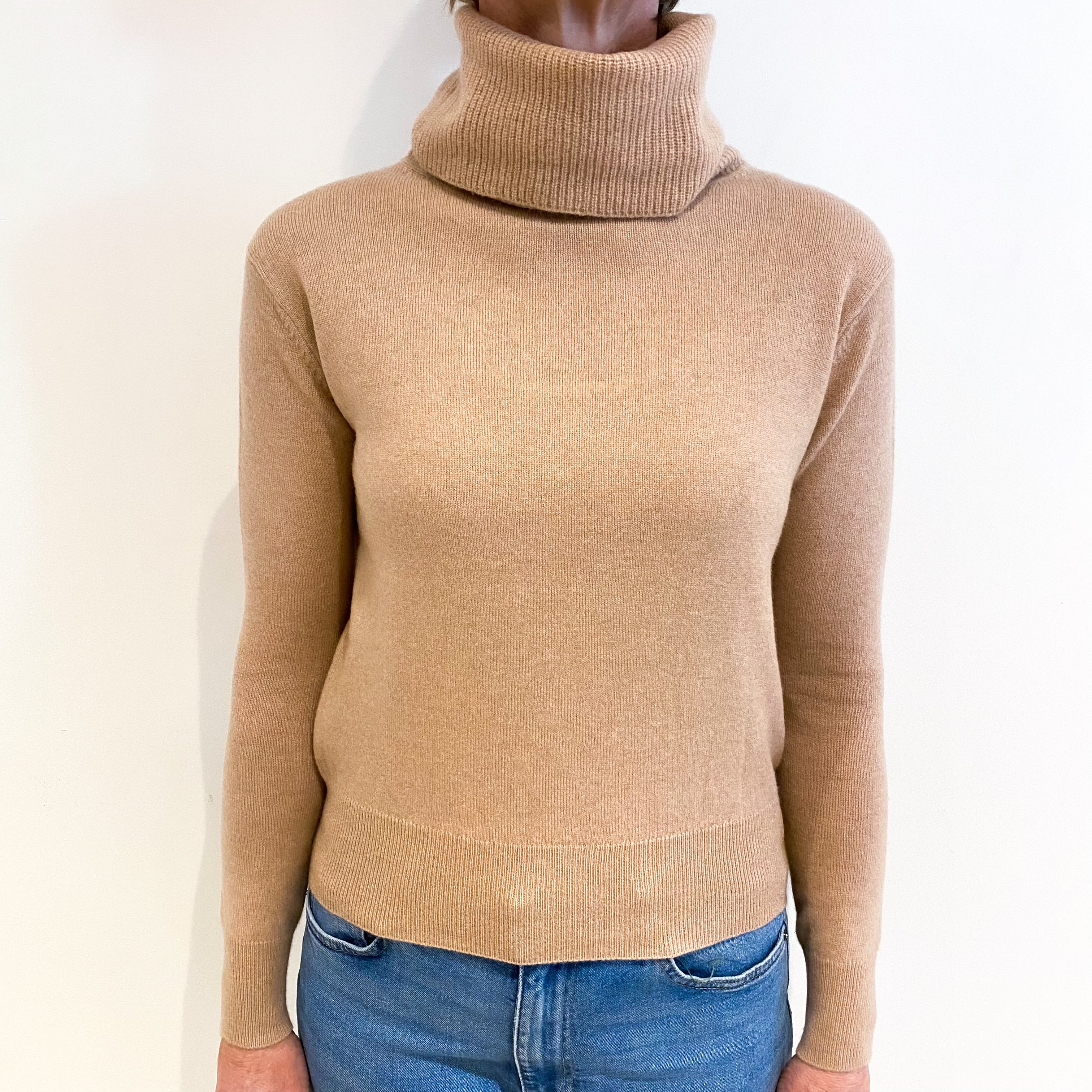 Nude Beige Cashmere Polo Neck Jumper Small