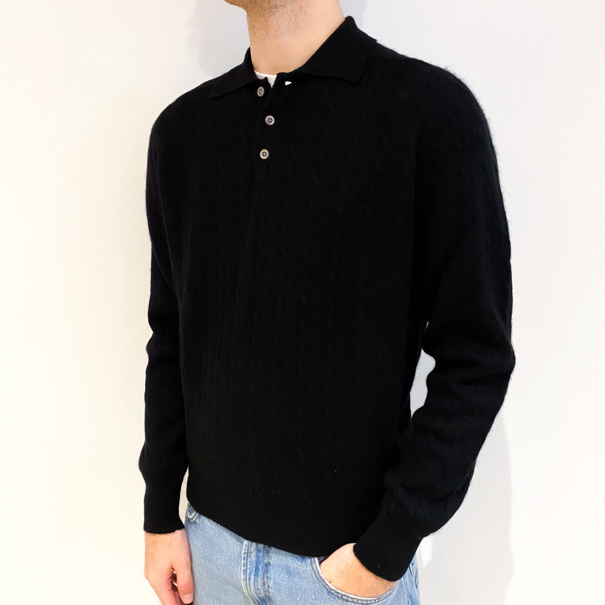 Men's Black Cashmere 3/4 Button Up V Neck Jumper Medium
