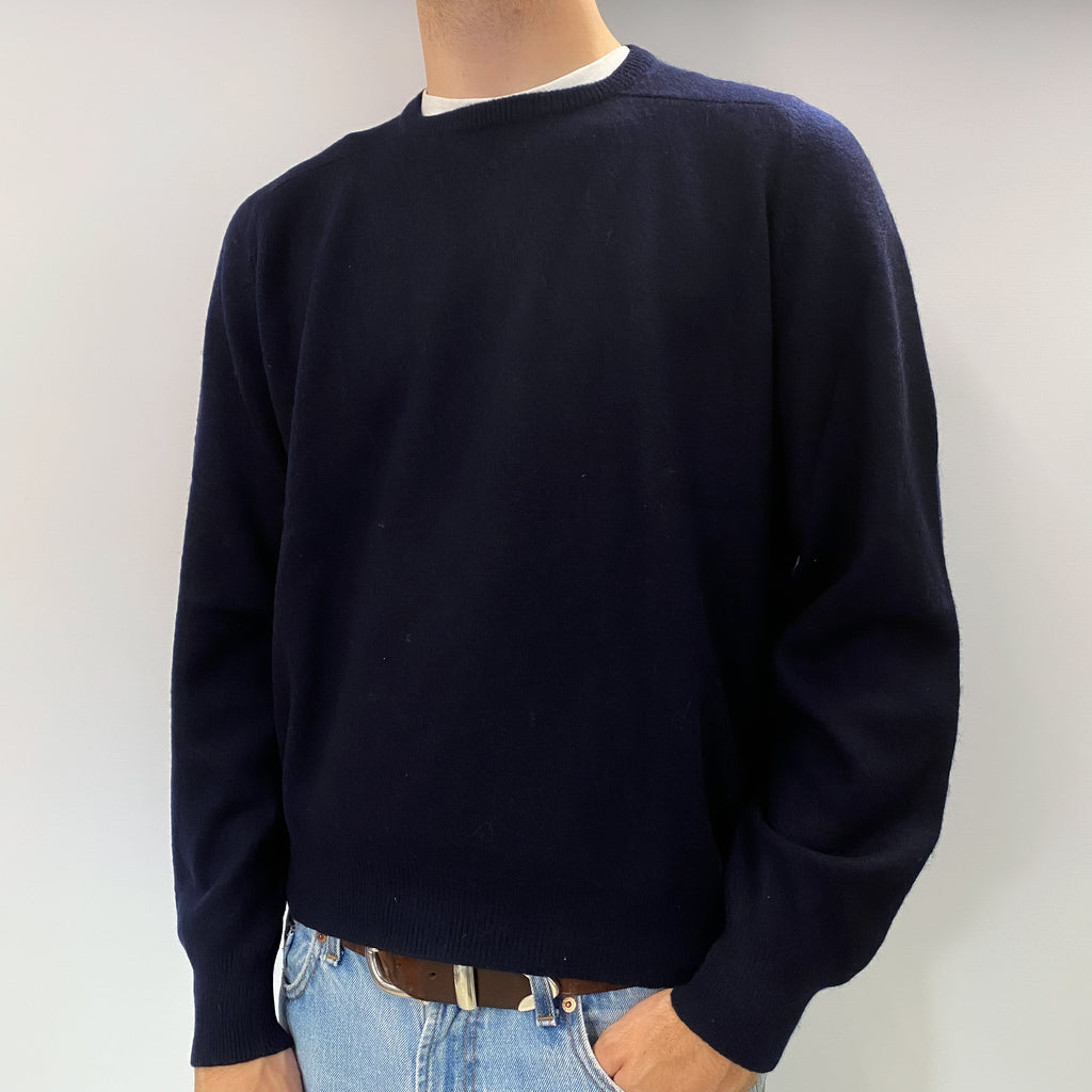 Men's Dark Navy Blue Cashmere Crew Neck Jumper Large