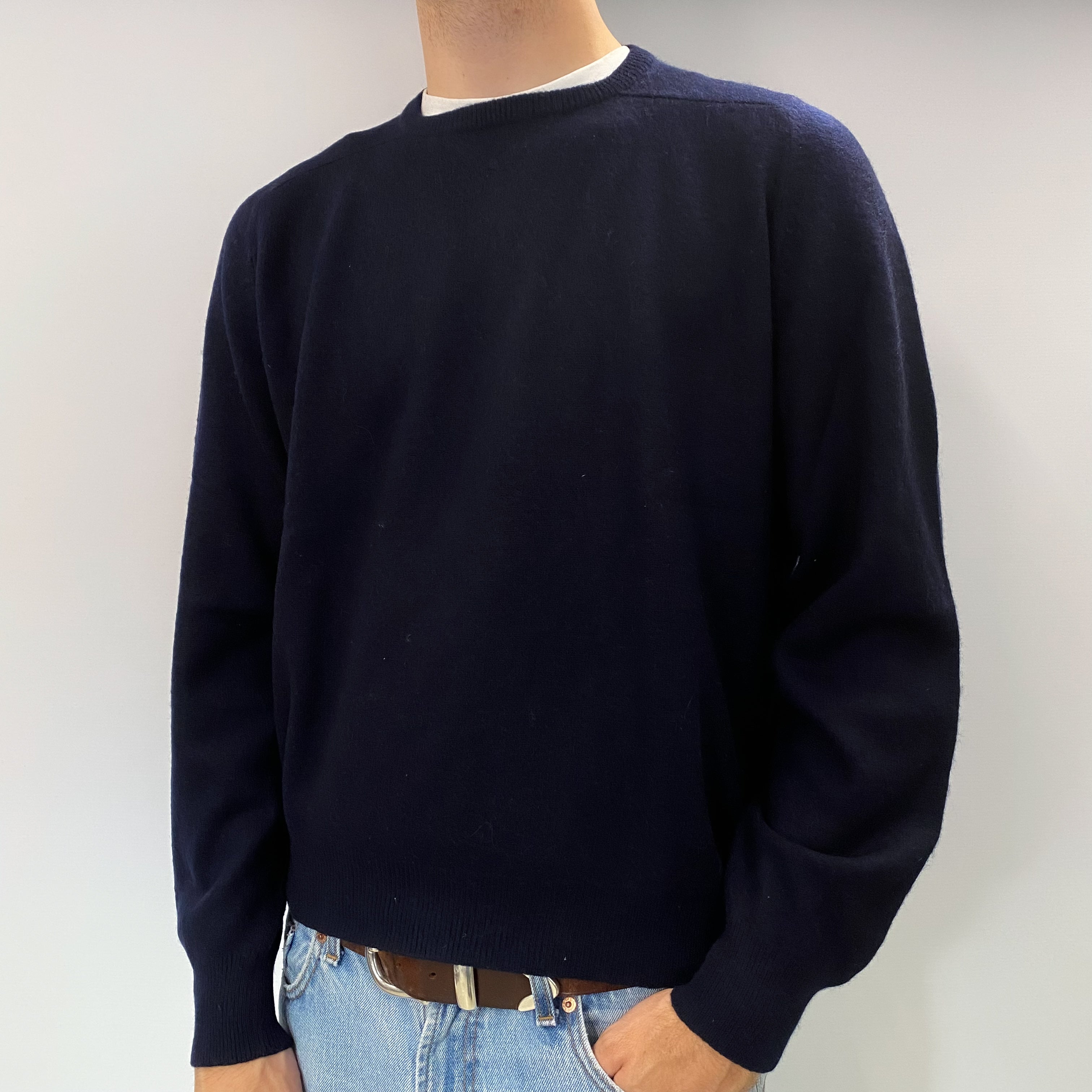 Men's Dark Navy Blue Cashmere Crew Neck Jumper Large