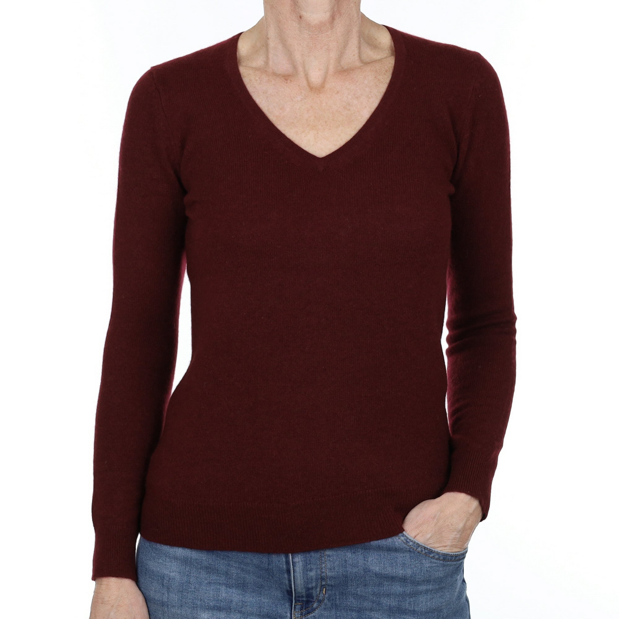 Wine Red Cashmere V Neck Jumper Small