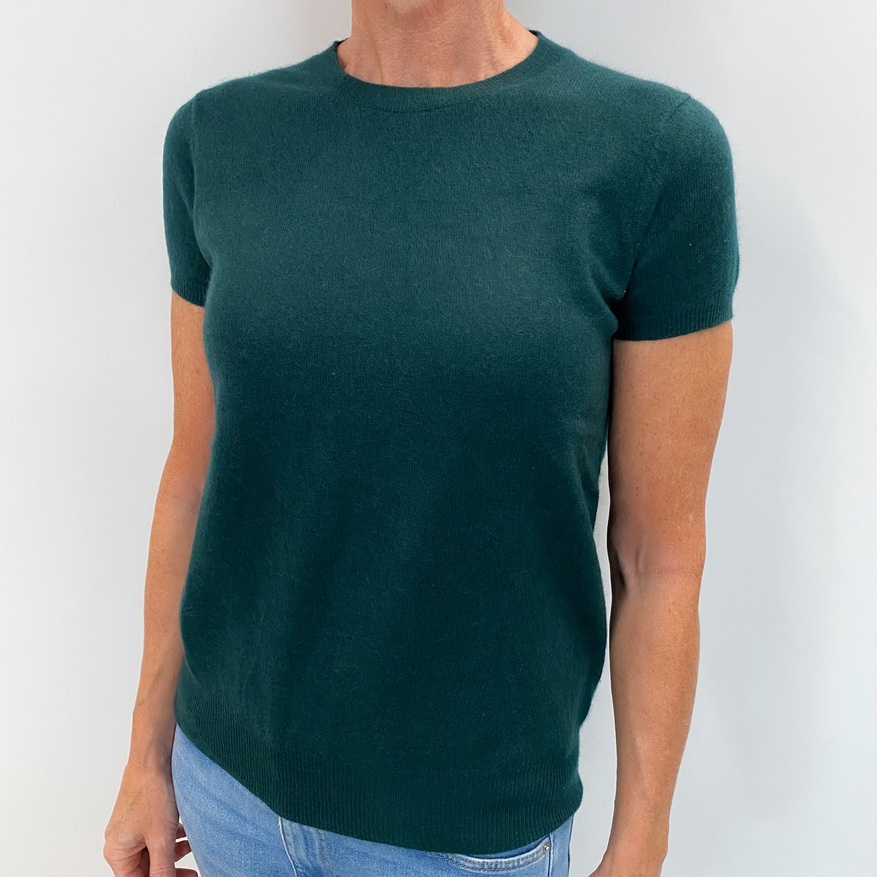 Bottle Green Cashmere Crew Neck Short Sleeved Jumper Small