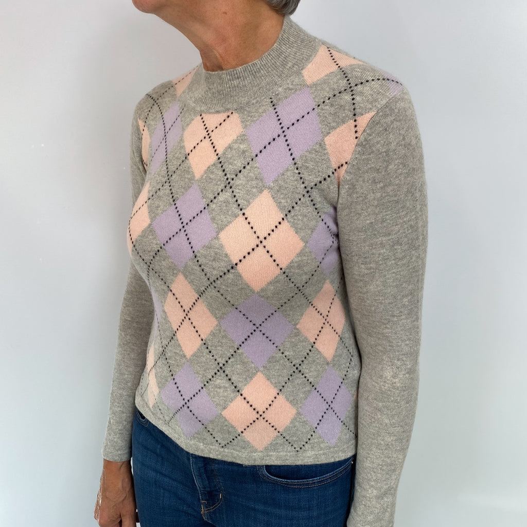 Grey and Pink Diamond Cashmere Turtle Neck Jumper Medium