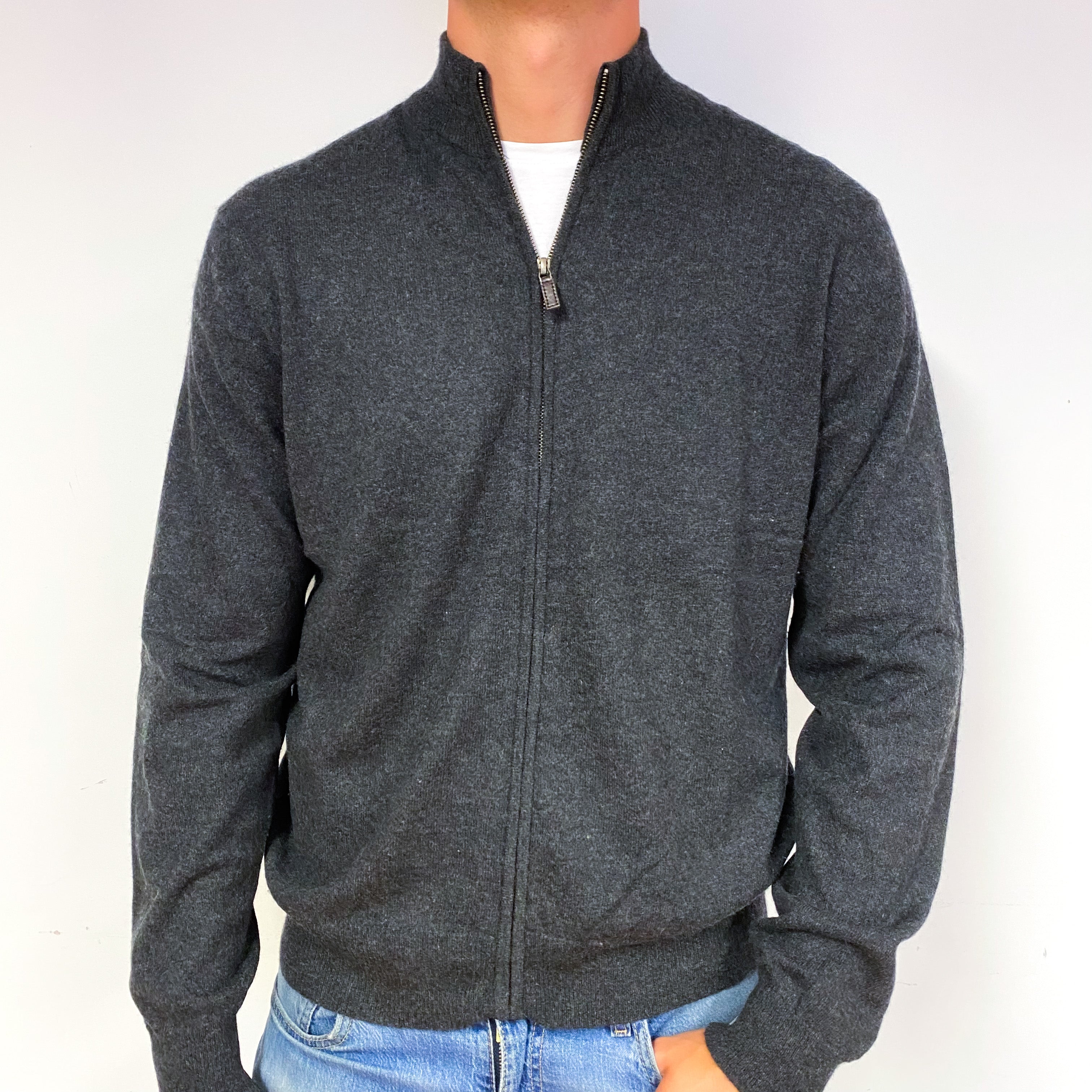Men's Charcoal Grey Cashmere Zip Up Jumper Extra Large