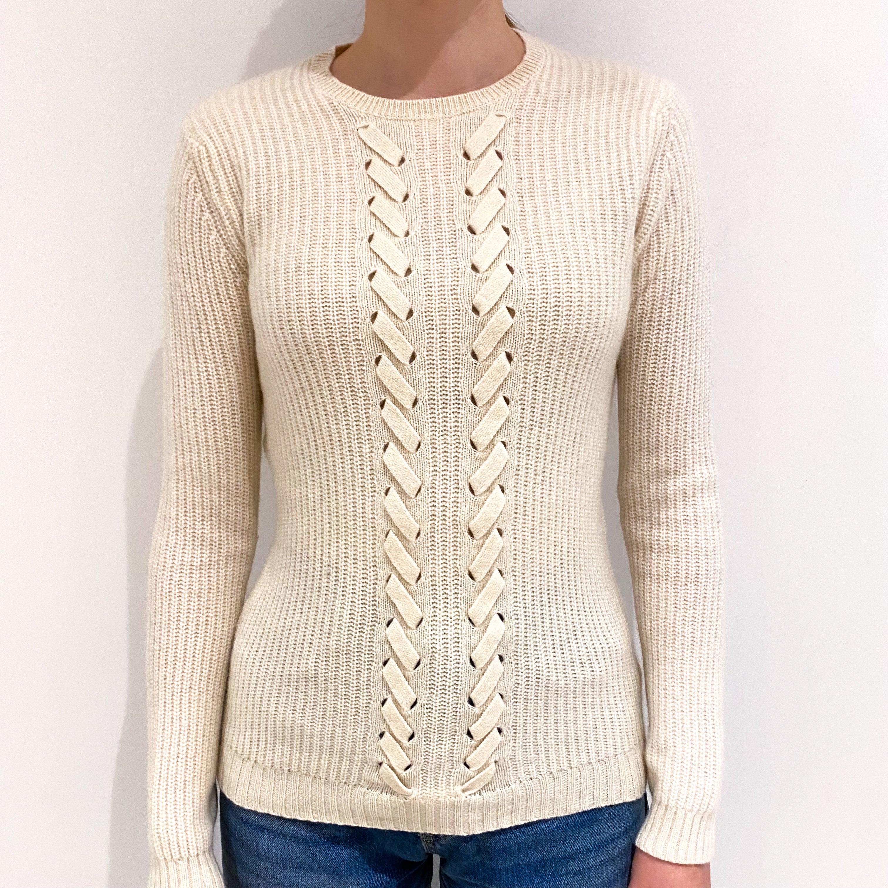 Cream Lace Up Detail Cashmere Crew Neck Jumper Extra Small