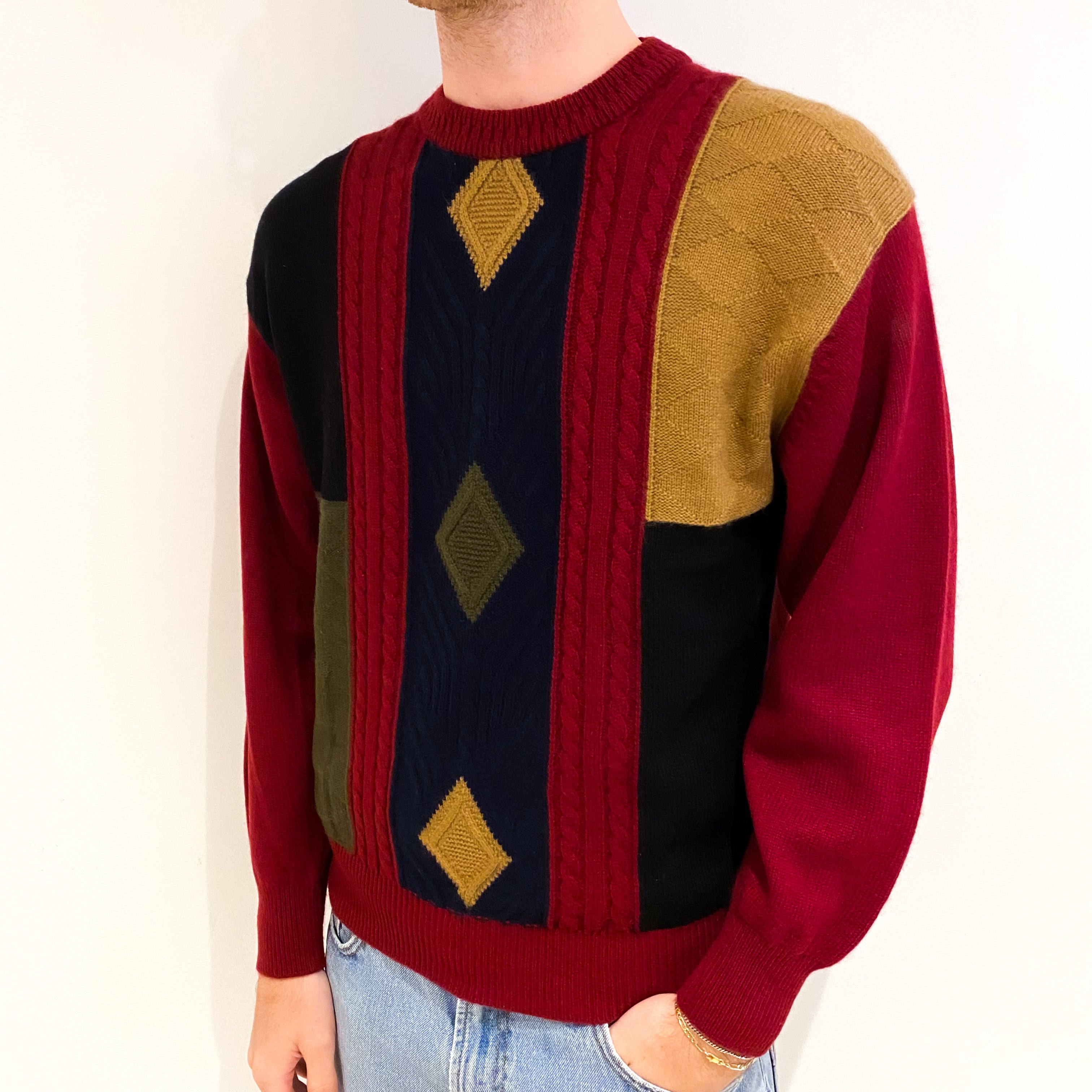 Men's Vintage Burgundy Patterned Cashmere Crew Neck Jumper Medium