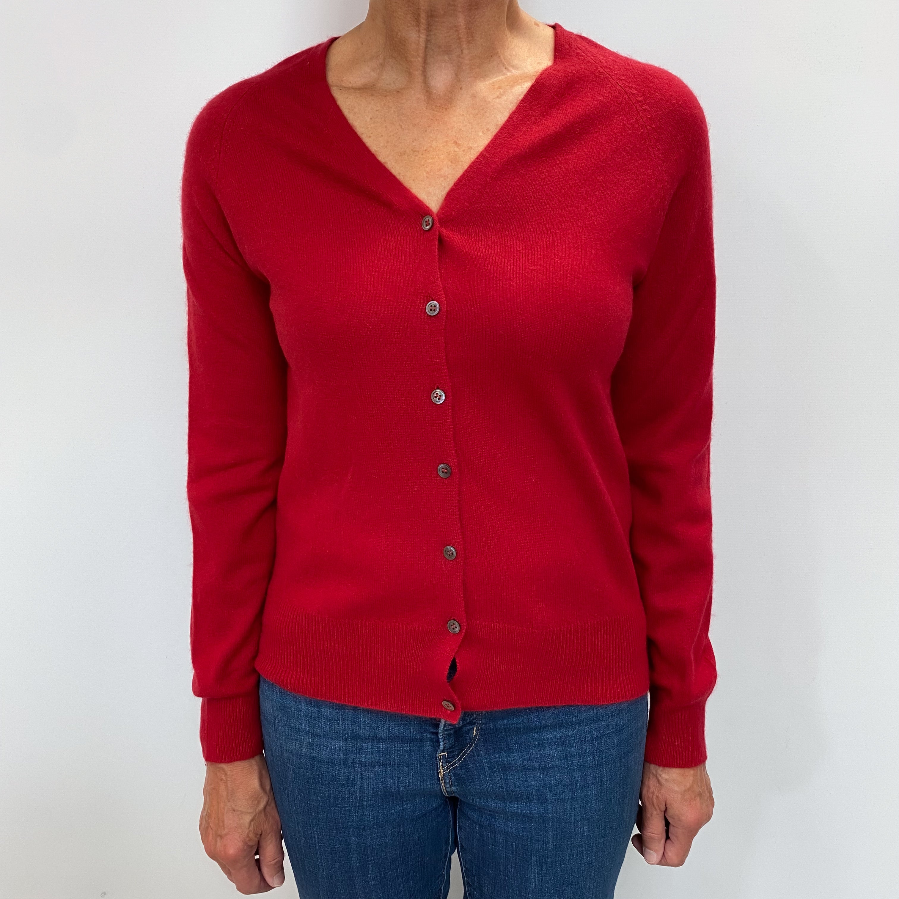 Post Box Red Cashmere V Neck Cardigan Medium