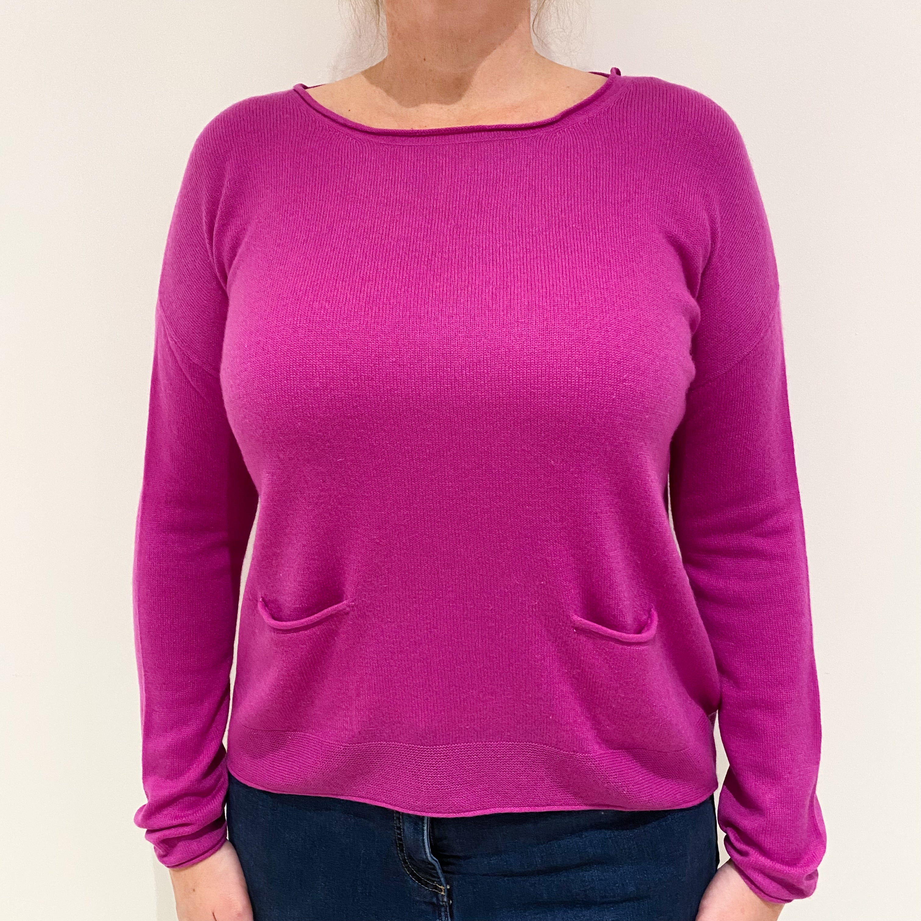 Magenta Pink Cashmere Crew Neck Jumper With Pockets Large