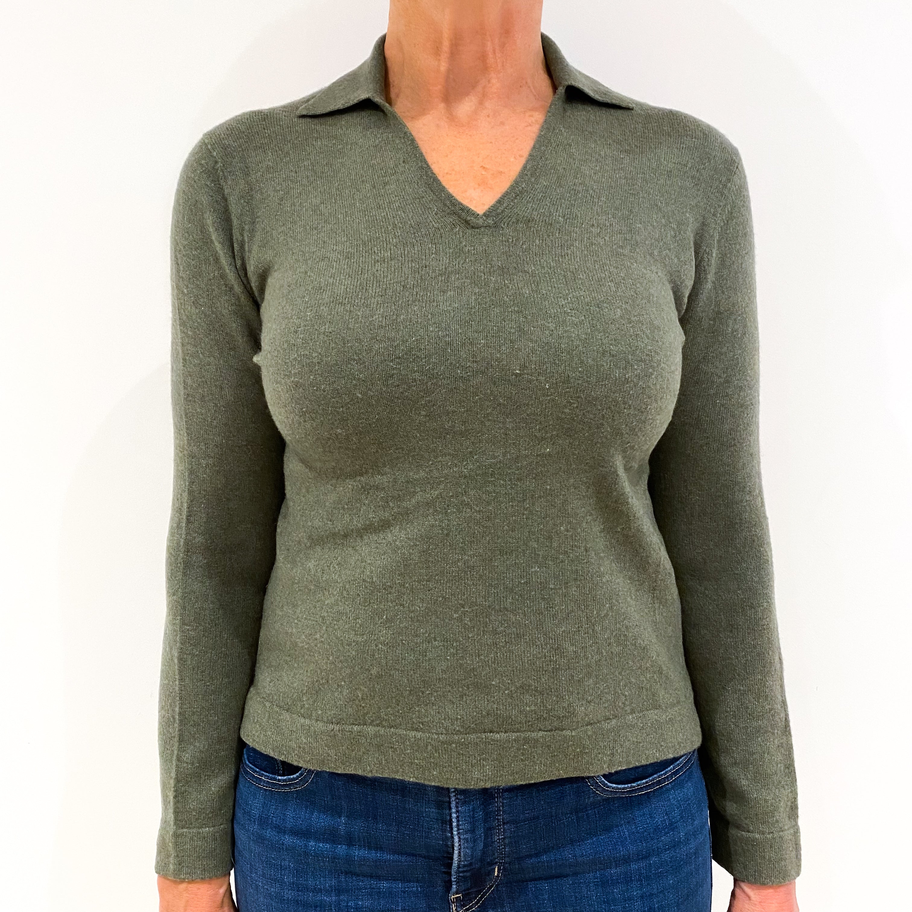 Moss Green Cashmere Collared V-Neck Jumper Medium Petite