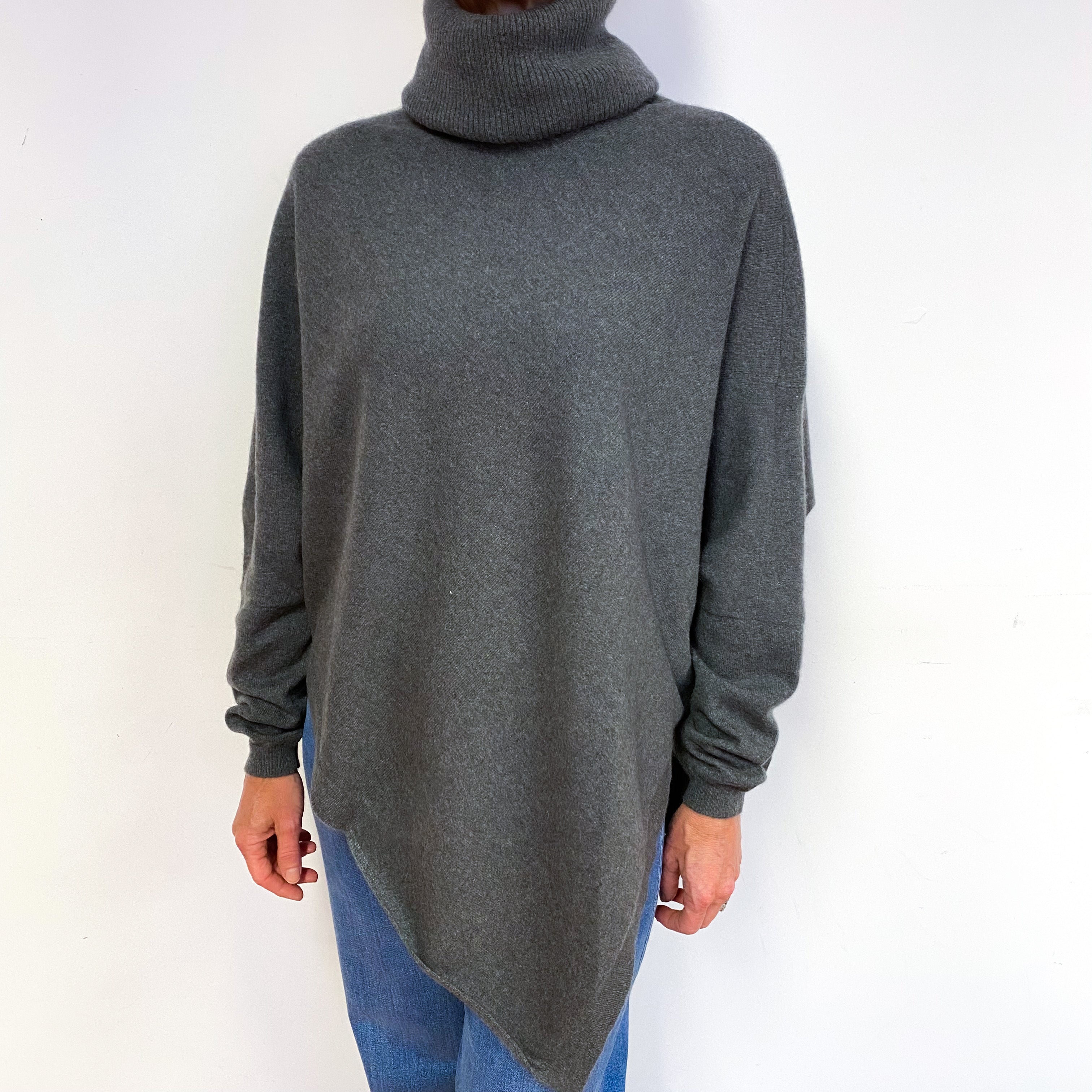 Slate Grey Poncho Style Cashmere Roll Neck Jumper Medium