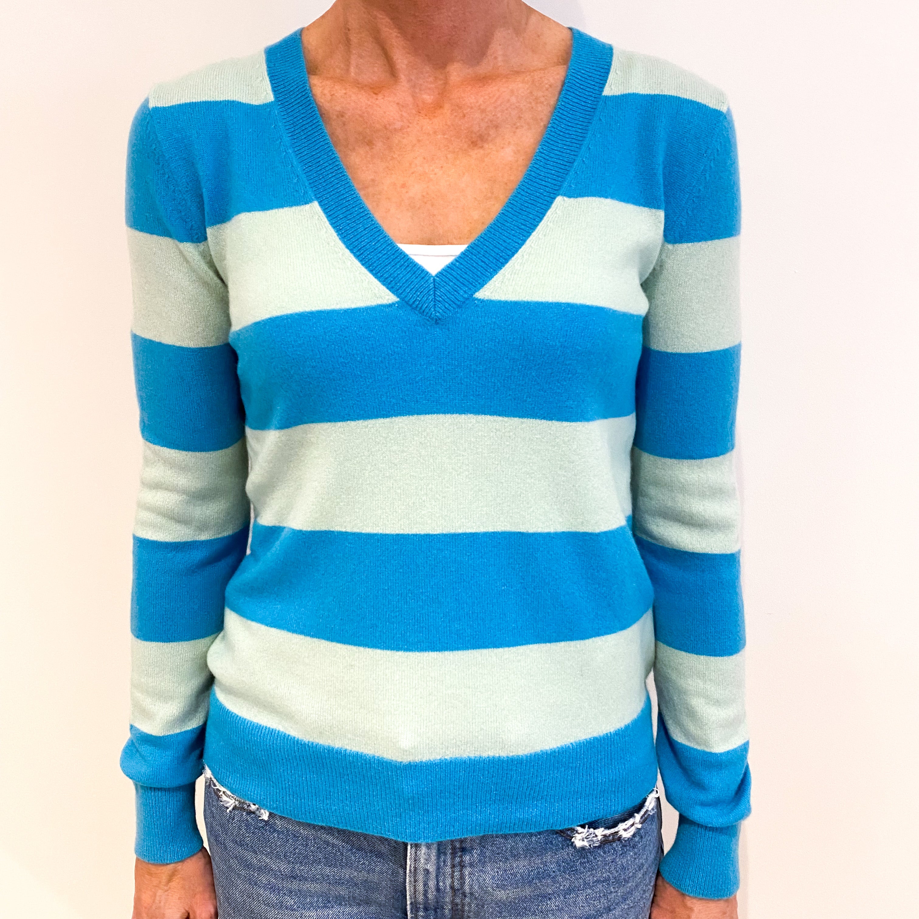 Turquoise Blue Stripe Cashmere V-Neck Jumper Small