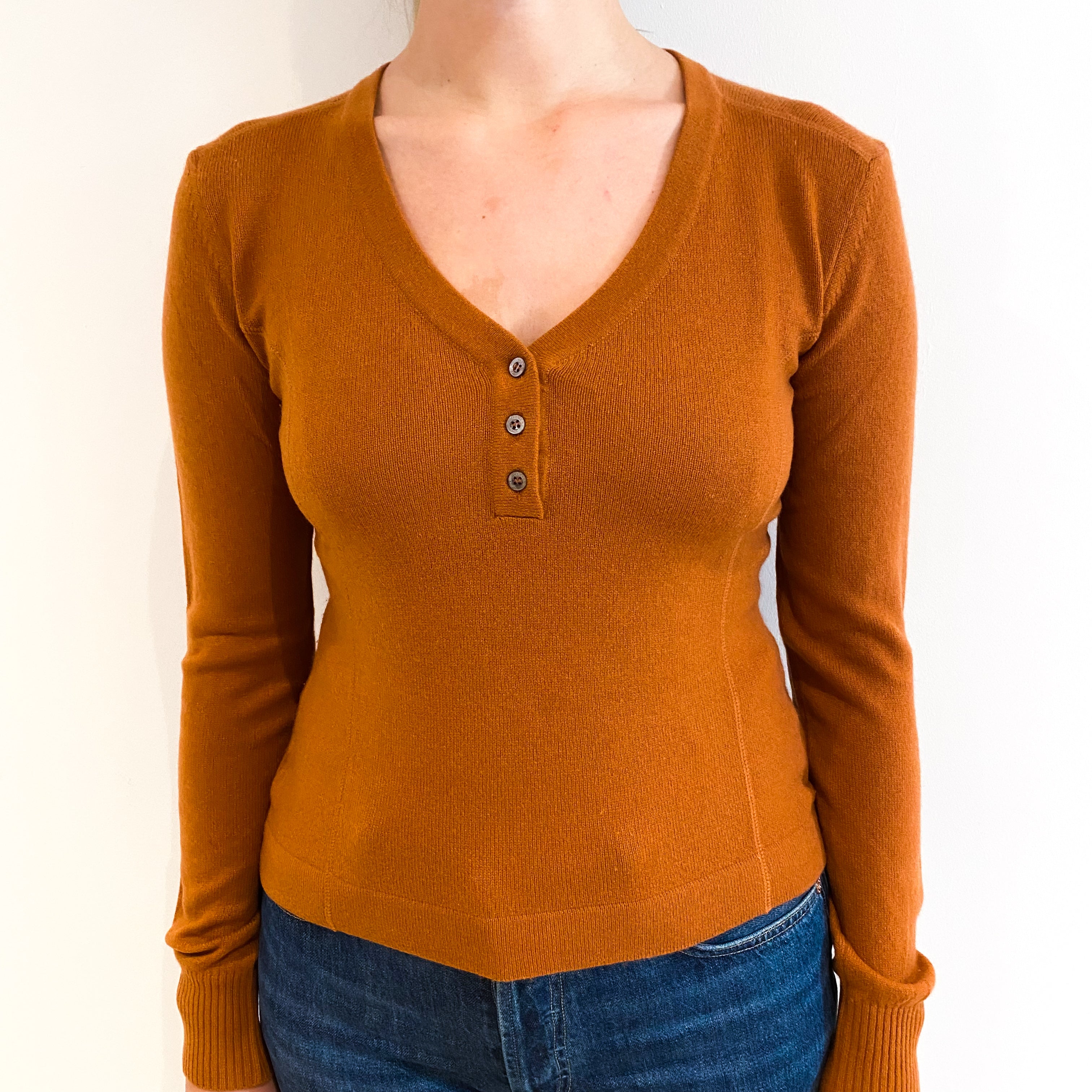 Rust Brown Cashmere Buttoned V-Neck Jumper Small