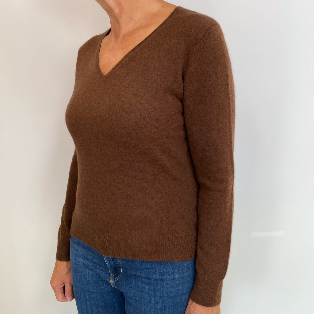 Walnut Brown Cashmere V Neck Jumper Medium