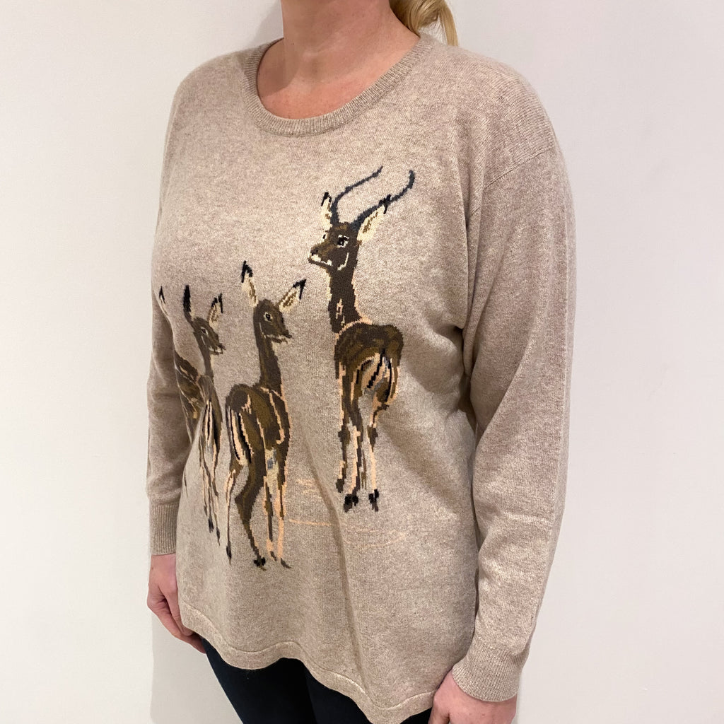 Biscuit Brown Deer Design Cashmere Crew Neck Jumper Large