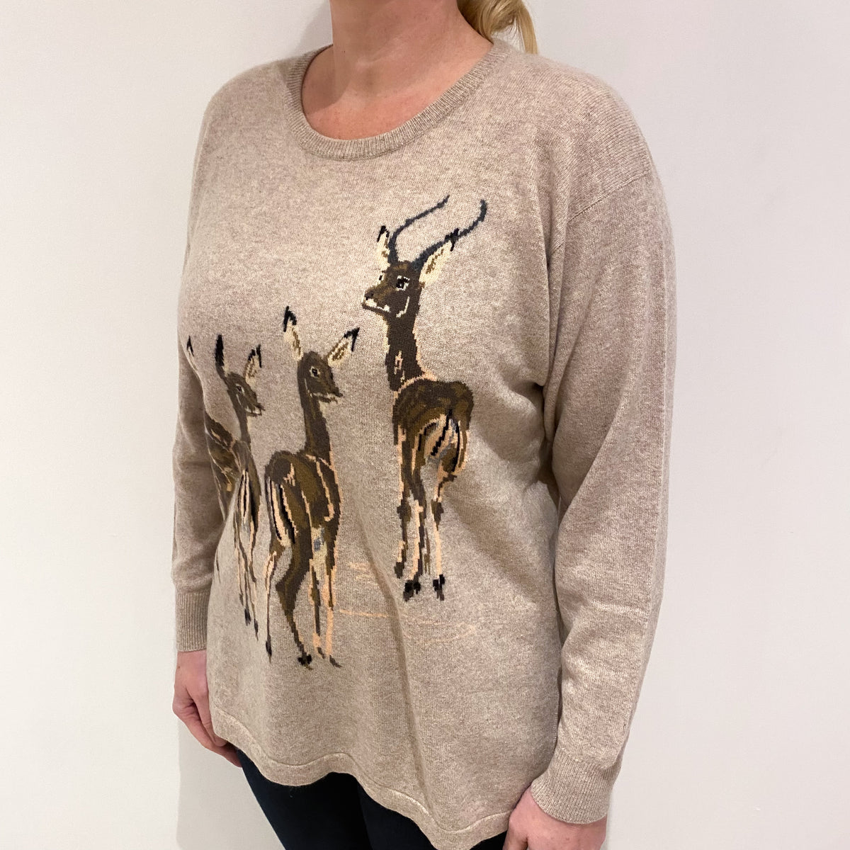 Biscuit Brown Deer Design Cashmere Crew Neck Jumper Large