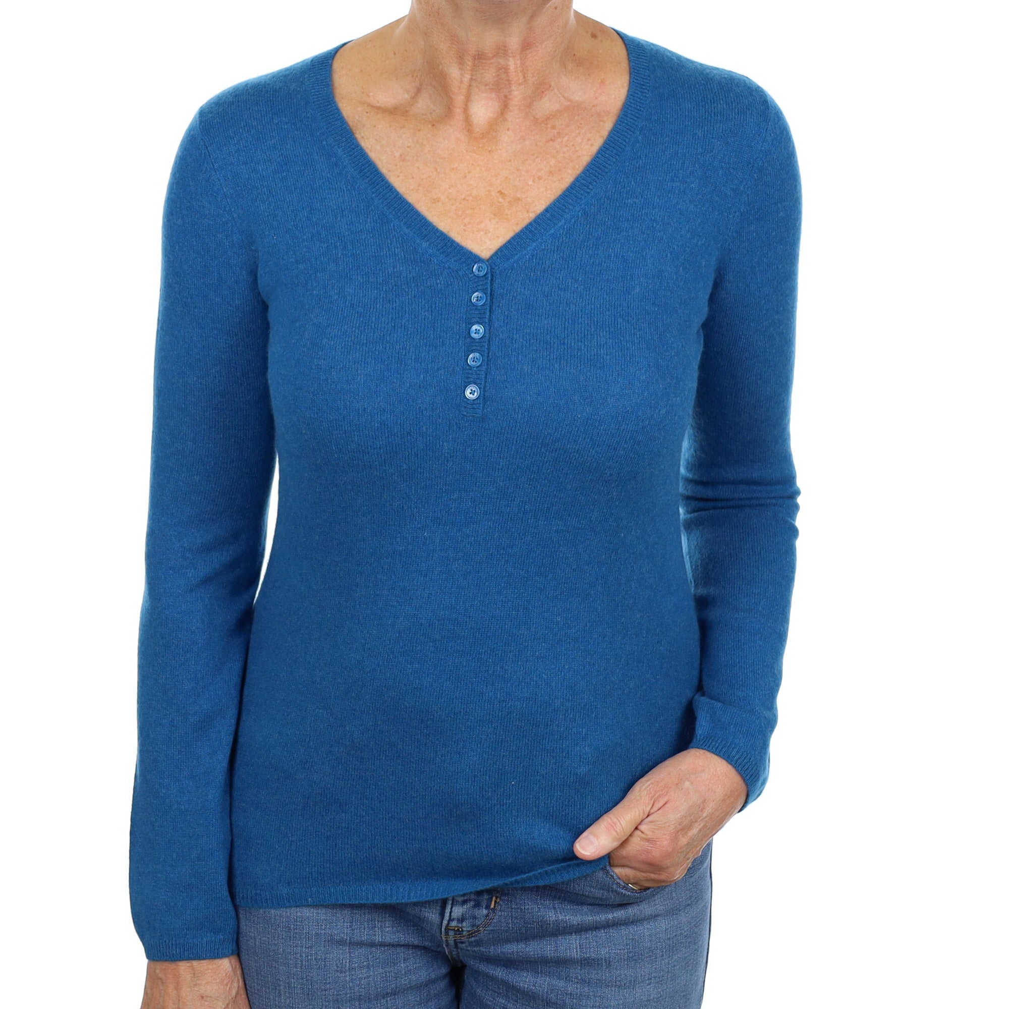 Pacific Blue Cashmere Buttoned V Neck Jumper Medium