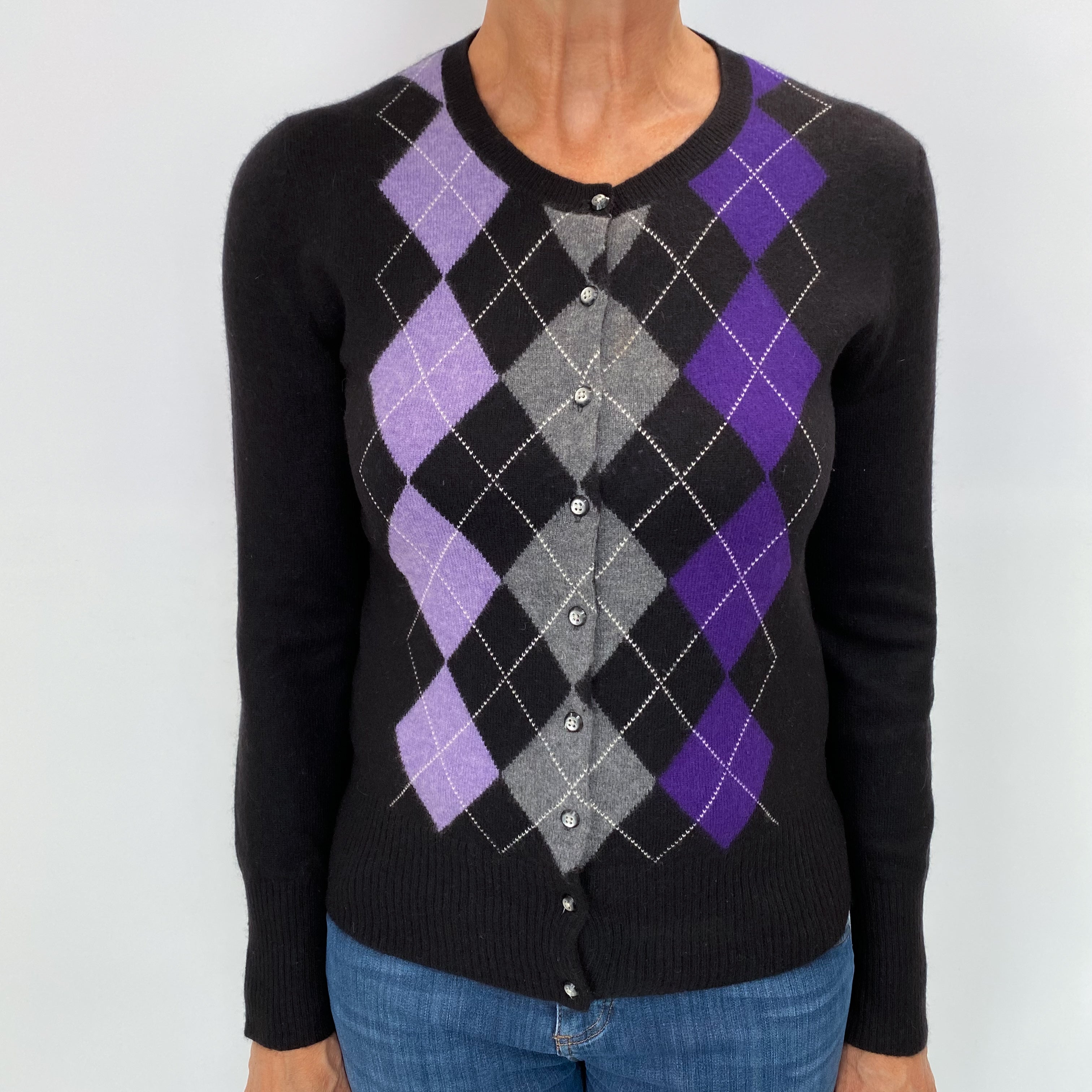 Black Argyle Cashmere Cardigan Medium