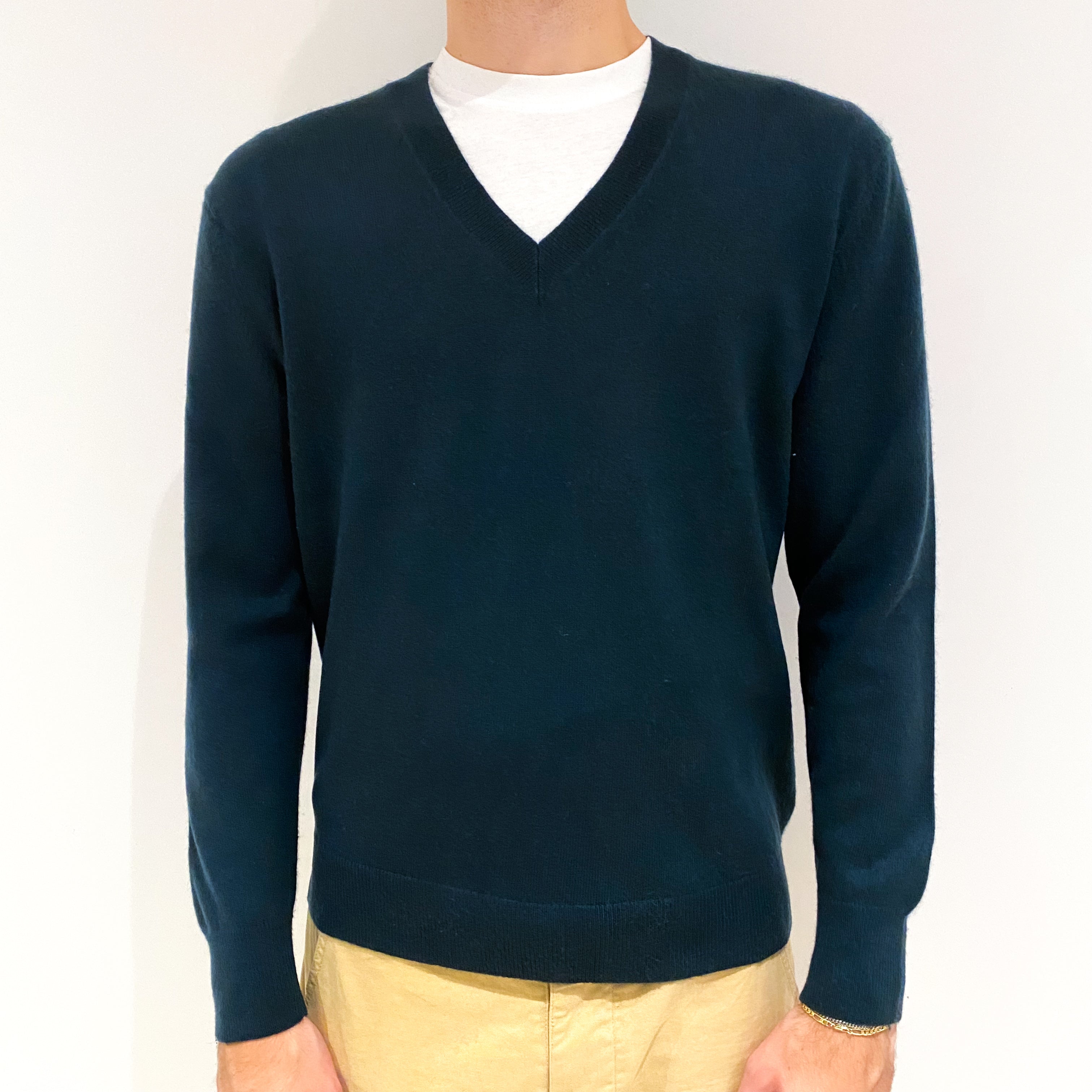 Men's Bottle Green Cashmere V-Neck Jumper Large