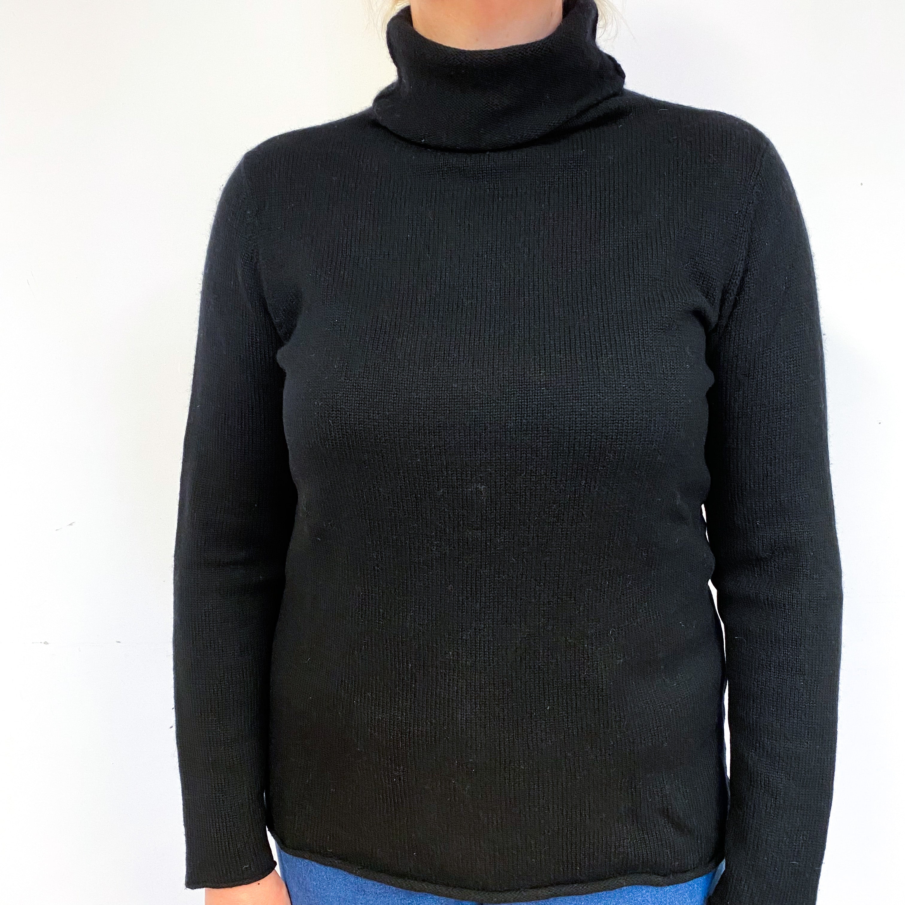 Black Heavy Knit Cashmere Polo Neck Jumper Large