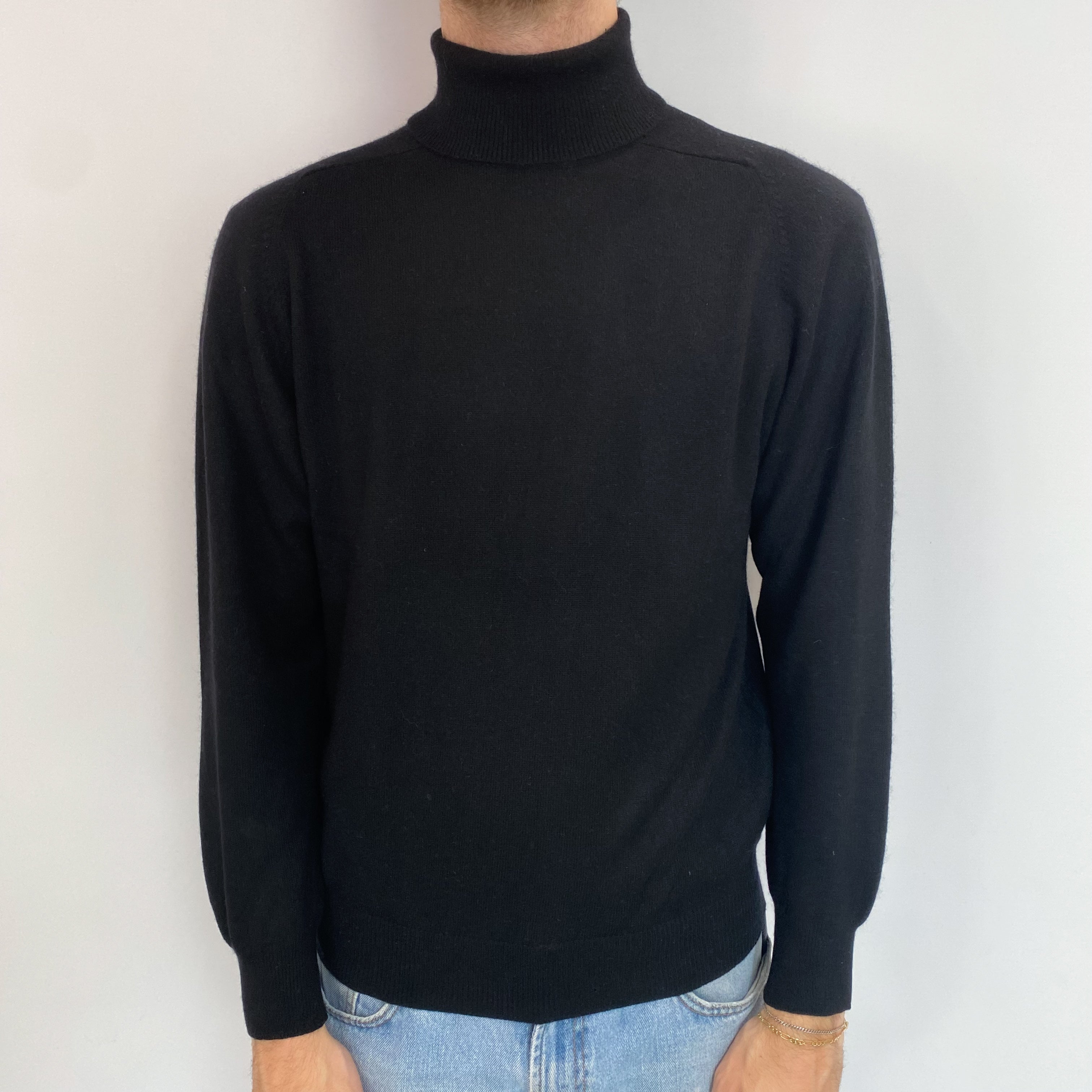 Men's Black Cashmere Polo Neck Jumper Medium