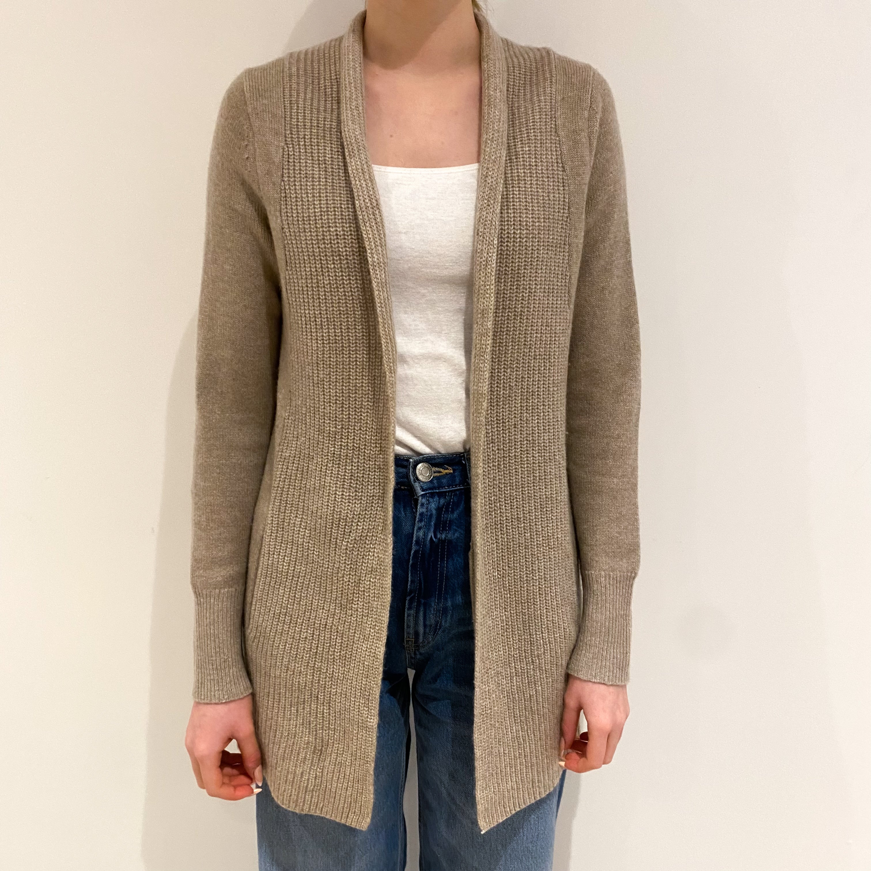 Fawn Brown Chunky Cashmere Edge to Edge Cardigan with Pockets Extra Small