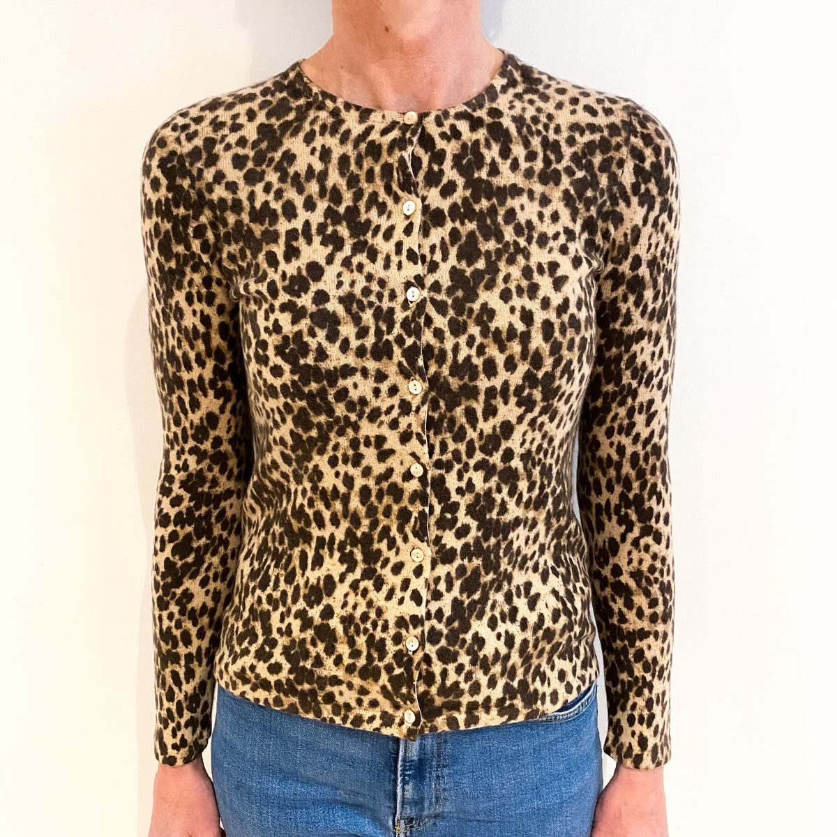 Brown Leopard Print Cashmere Crew Neck Cardigan Small