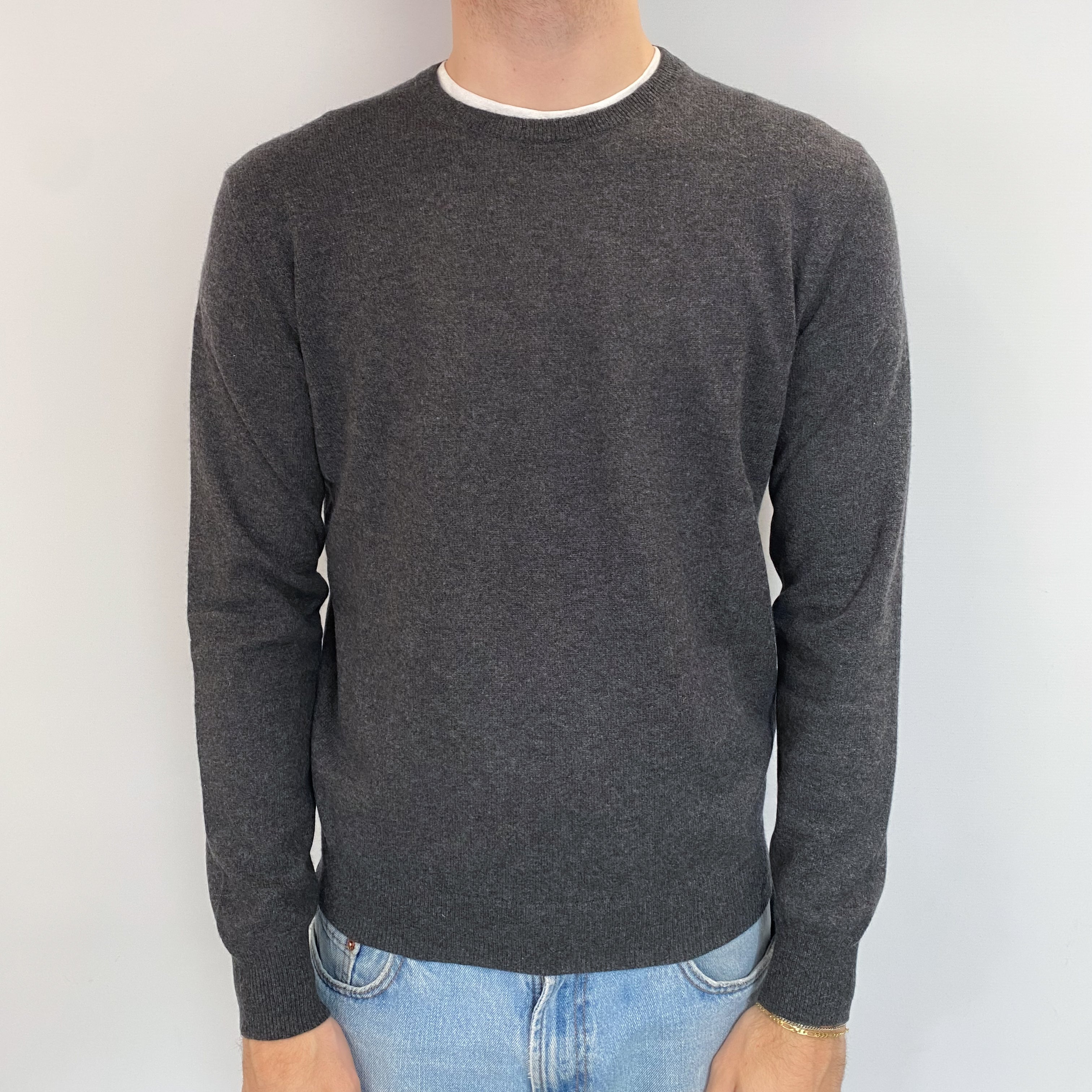 Men's Charcoal Grey Cashmere Crew Neck Jumper Medium