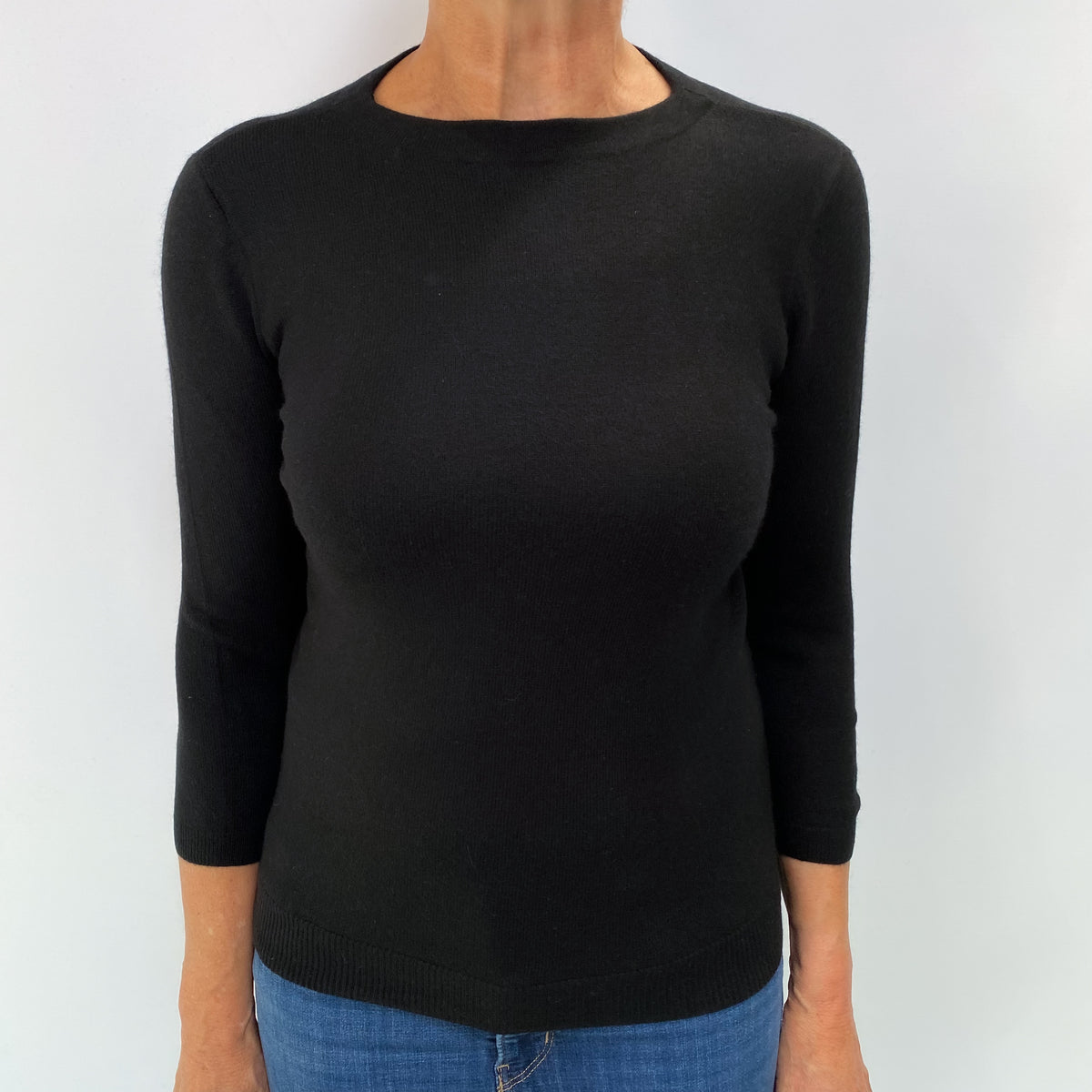Black Cashmere Crew Neck 3/4 Sleeve Jumper Medium