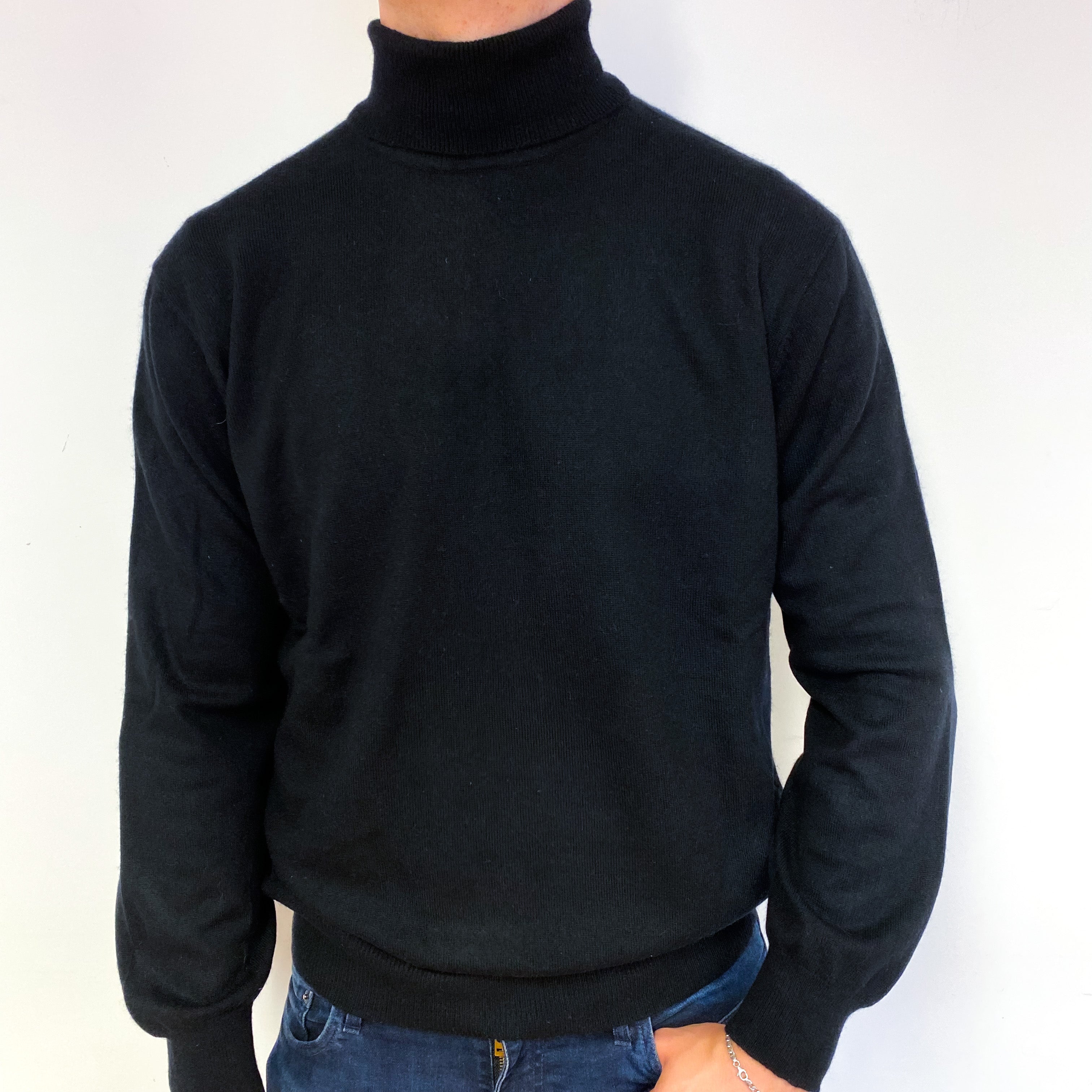 Men's Black Cashmere Polo Neck Jumper Extra Large