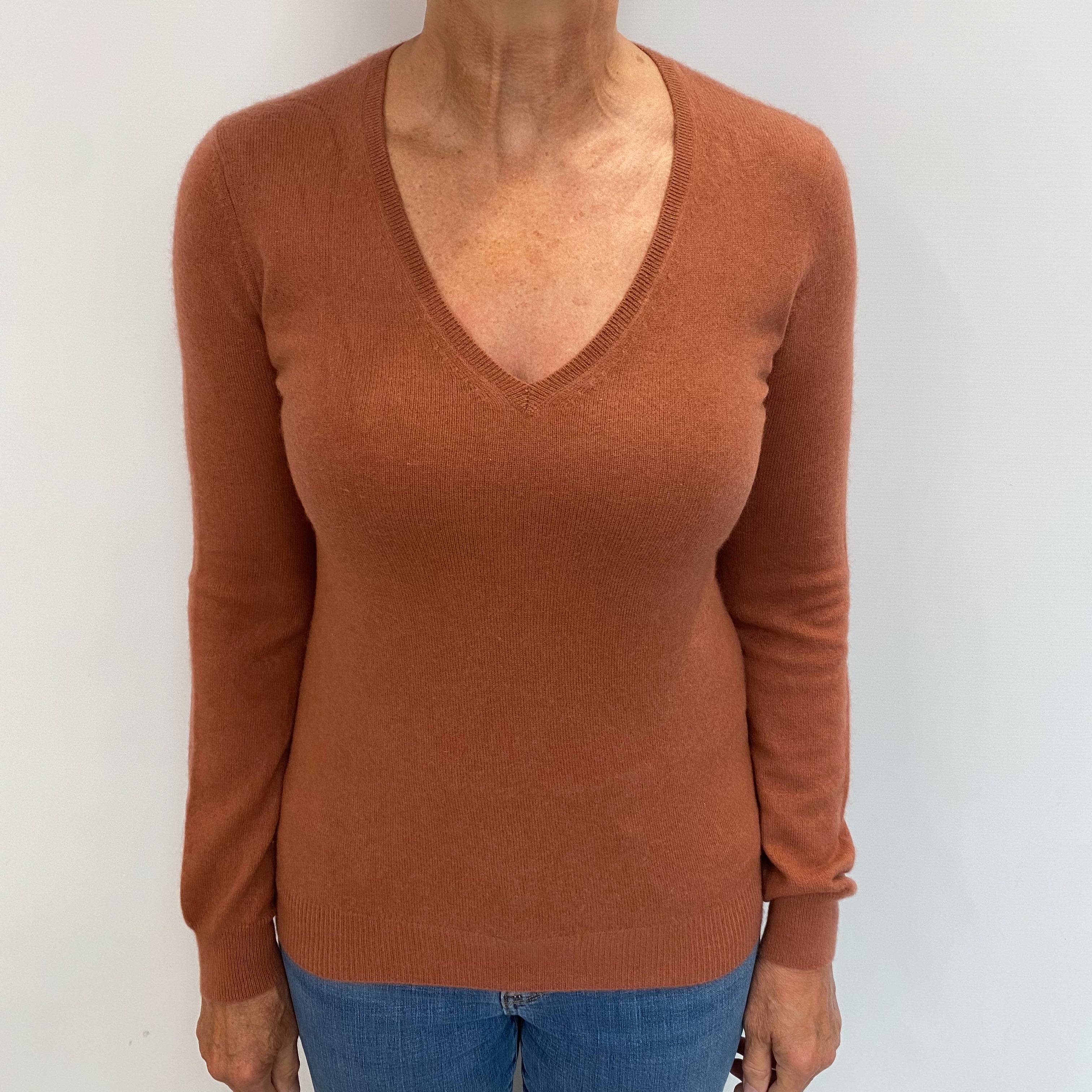 Terracotta Orange Cashmere V Neck Jumper Medium