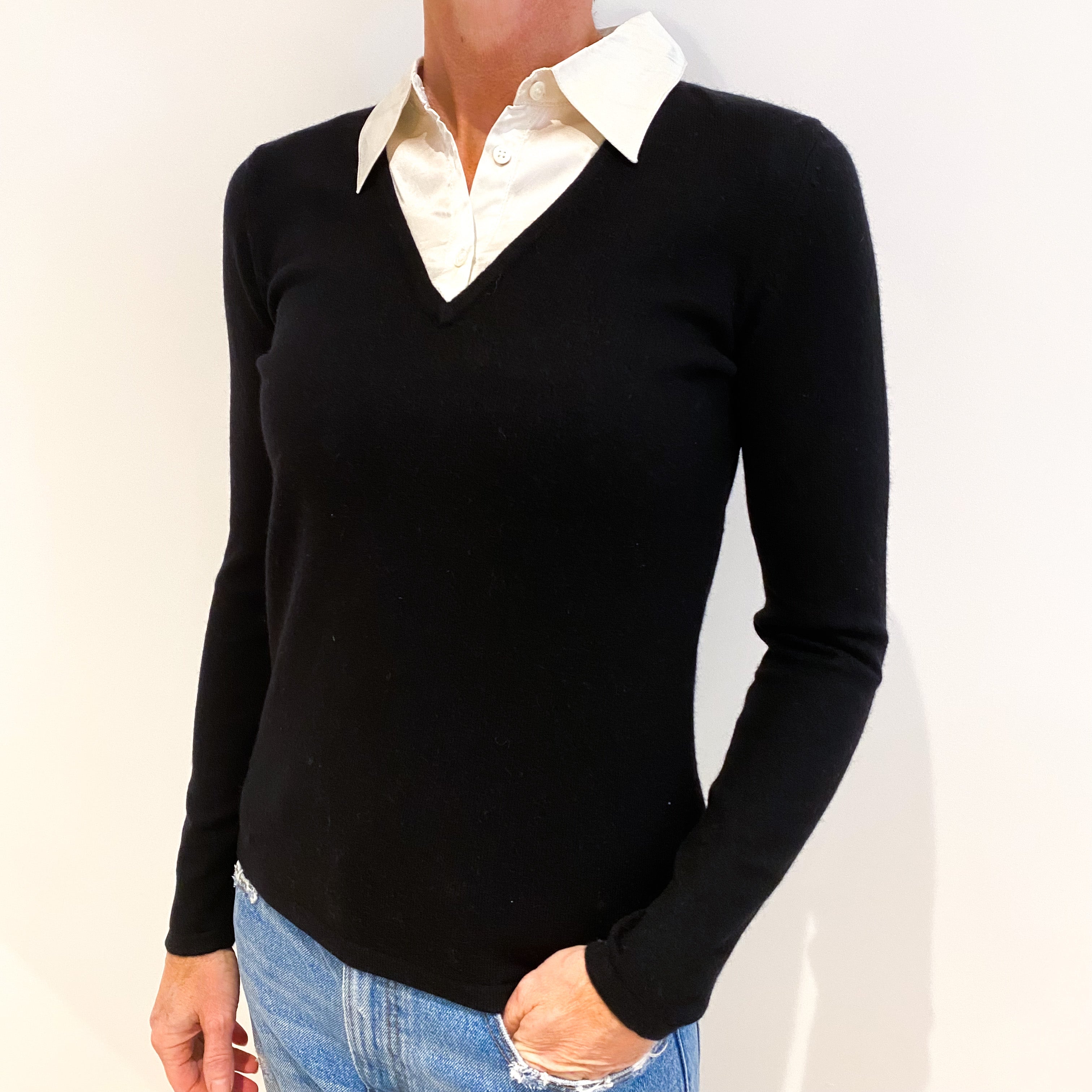 Black Cashmere V-Neck Jumper with Faux Shirt Small