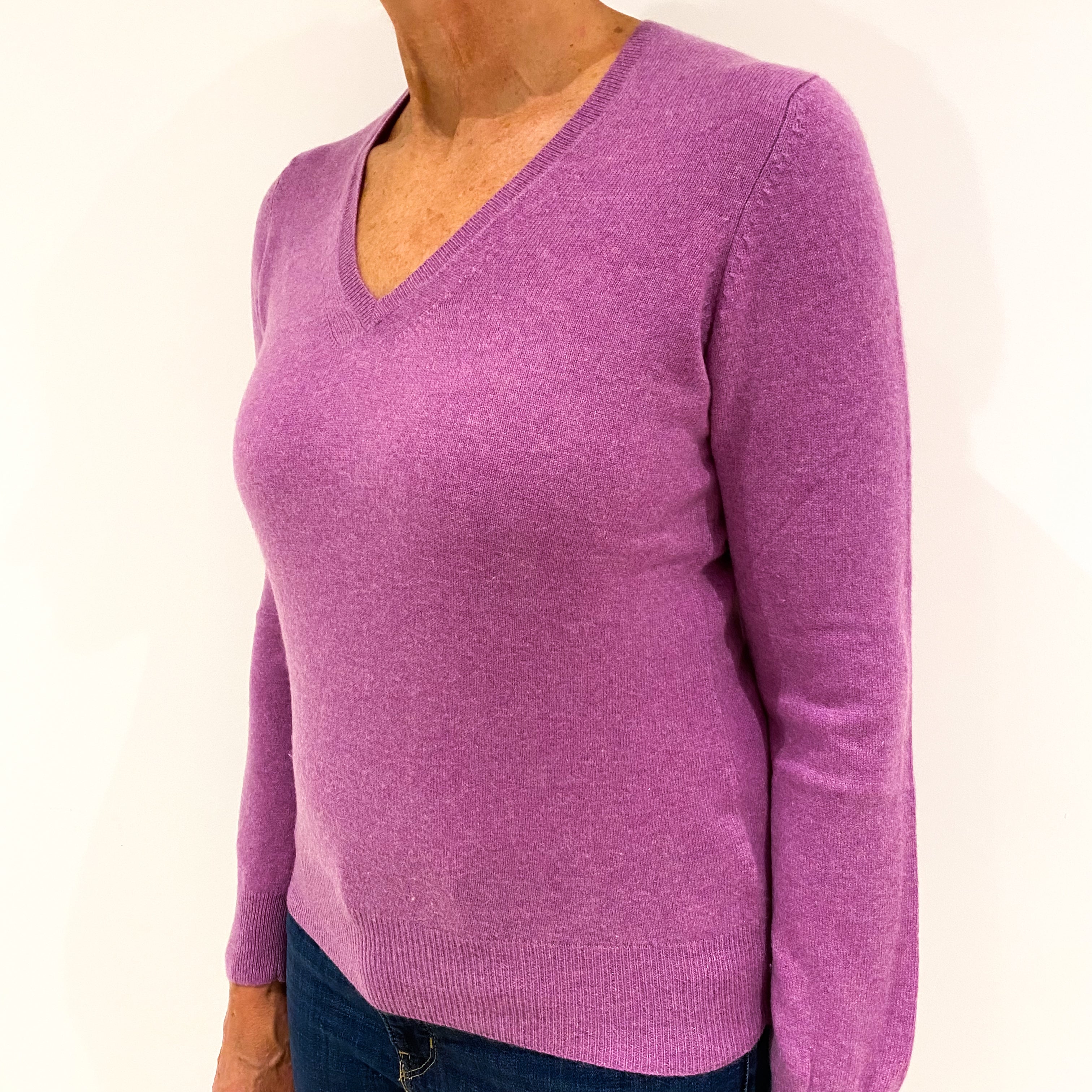 Heather Purple Cashmere V-Neck Jumper Medium