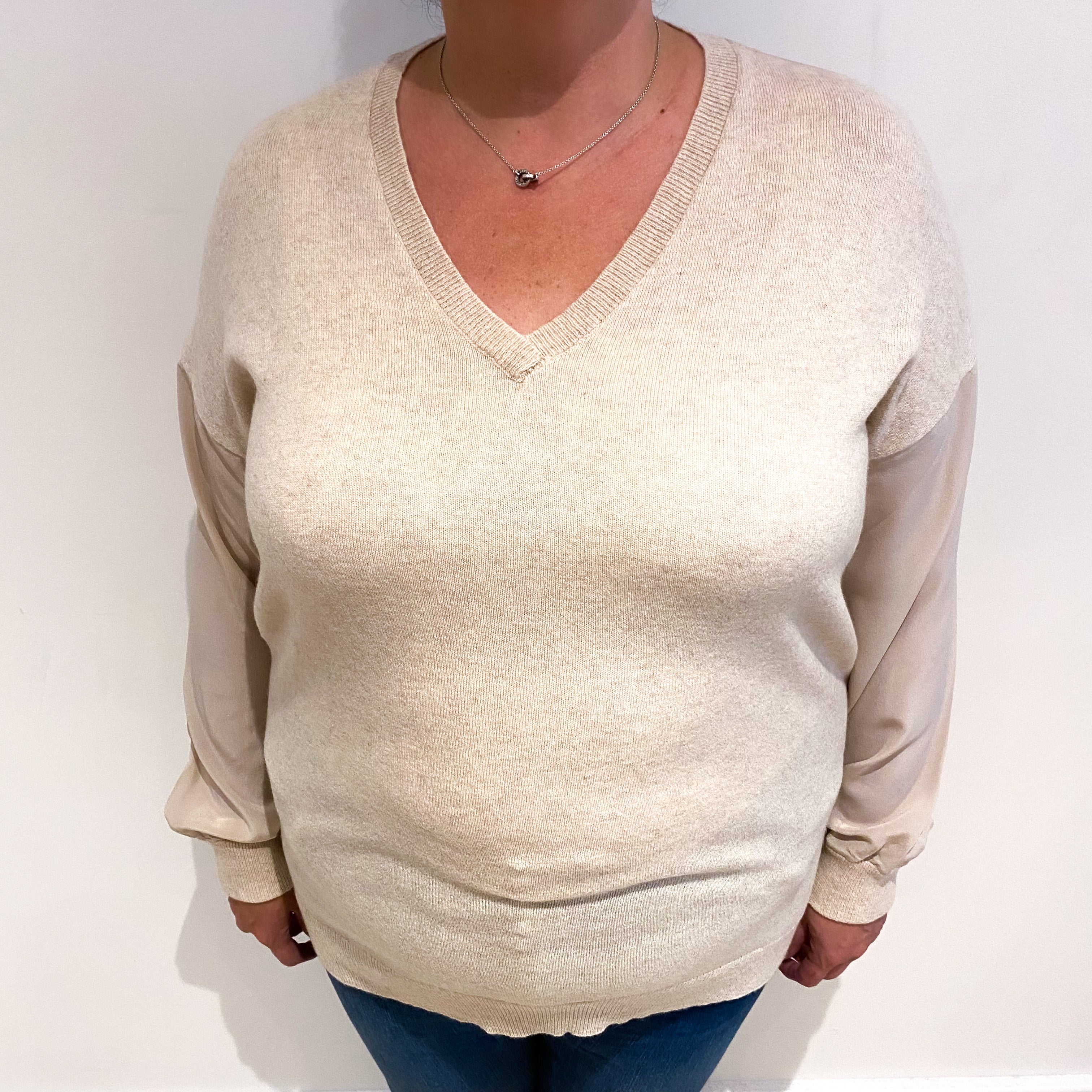 Magaschoni Oatmeal Cashmere and Silk V Neck Jumper Extra Large