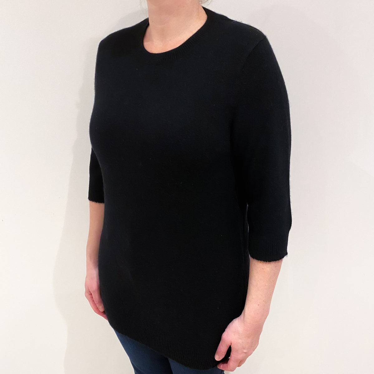Black 1/2 Sleeve Cashmere Crew Neck Jumper Large