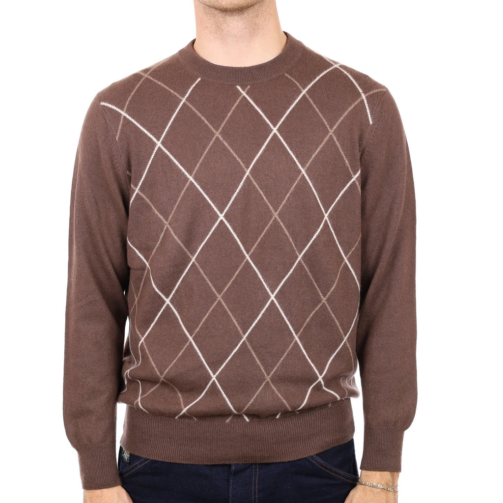 Men's Chocolate Brown Patterned Cashmere Crew Neck Jumper Large