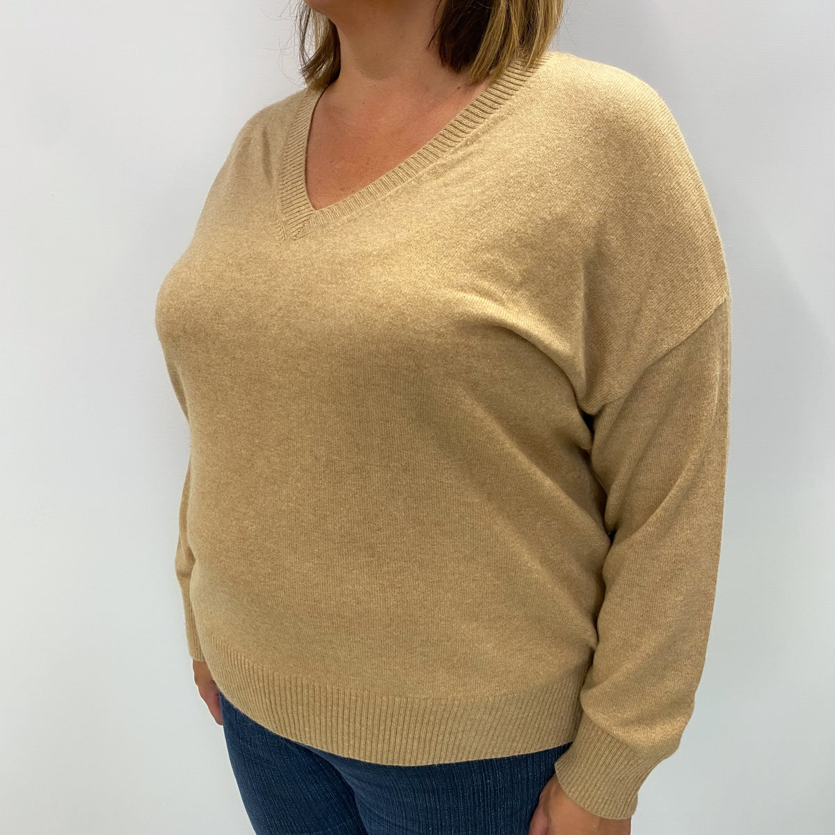 Caramel Brown Cashmere V Neck Jumper Extra Large