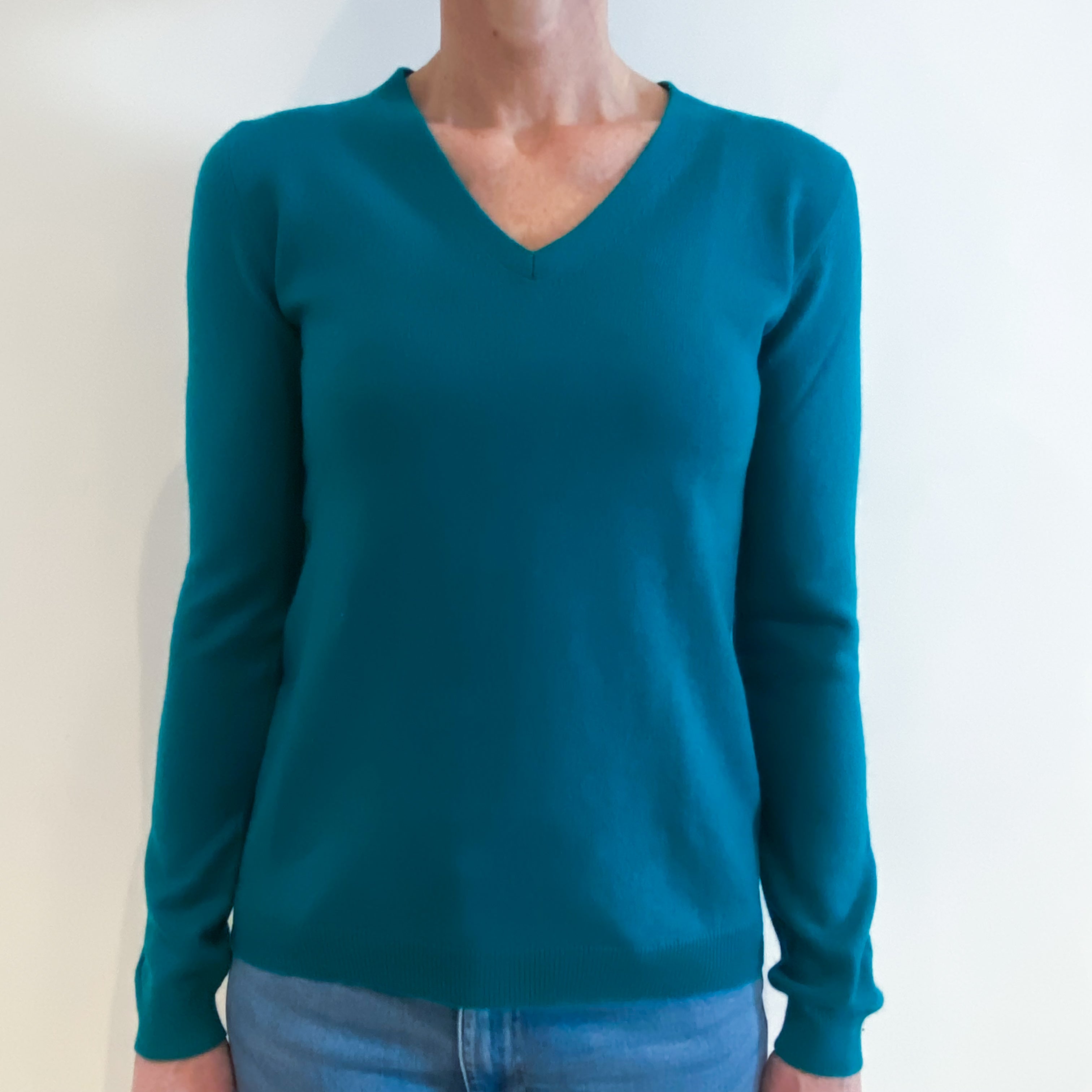 Parakeet Green Cashmere V Neck Jumper Small