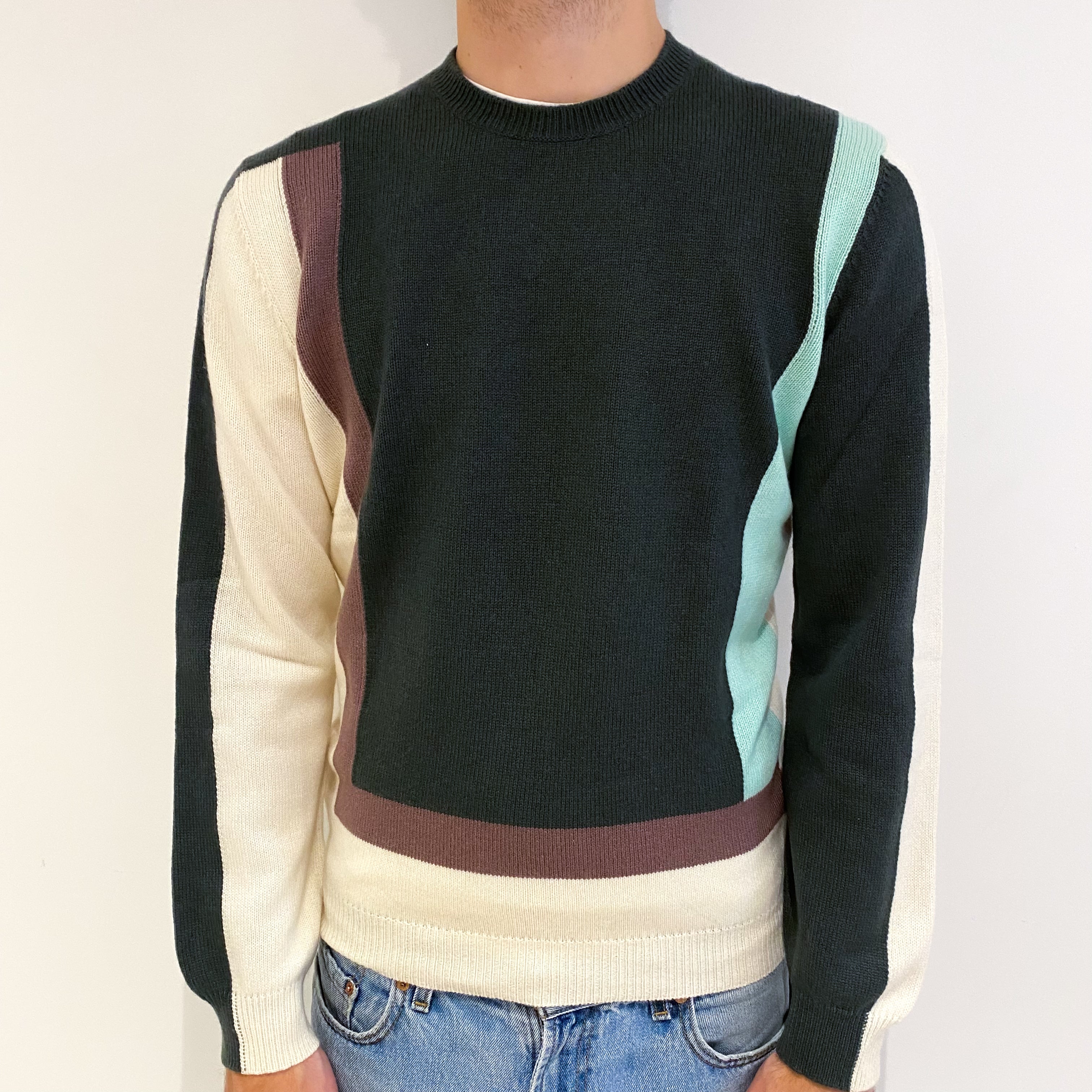 Men's Malo Moss Green and Cream Cashmere Crew Neck Jumper Large