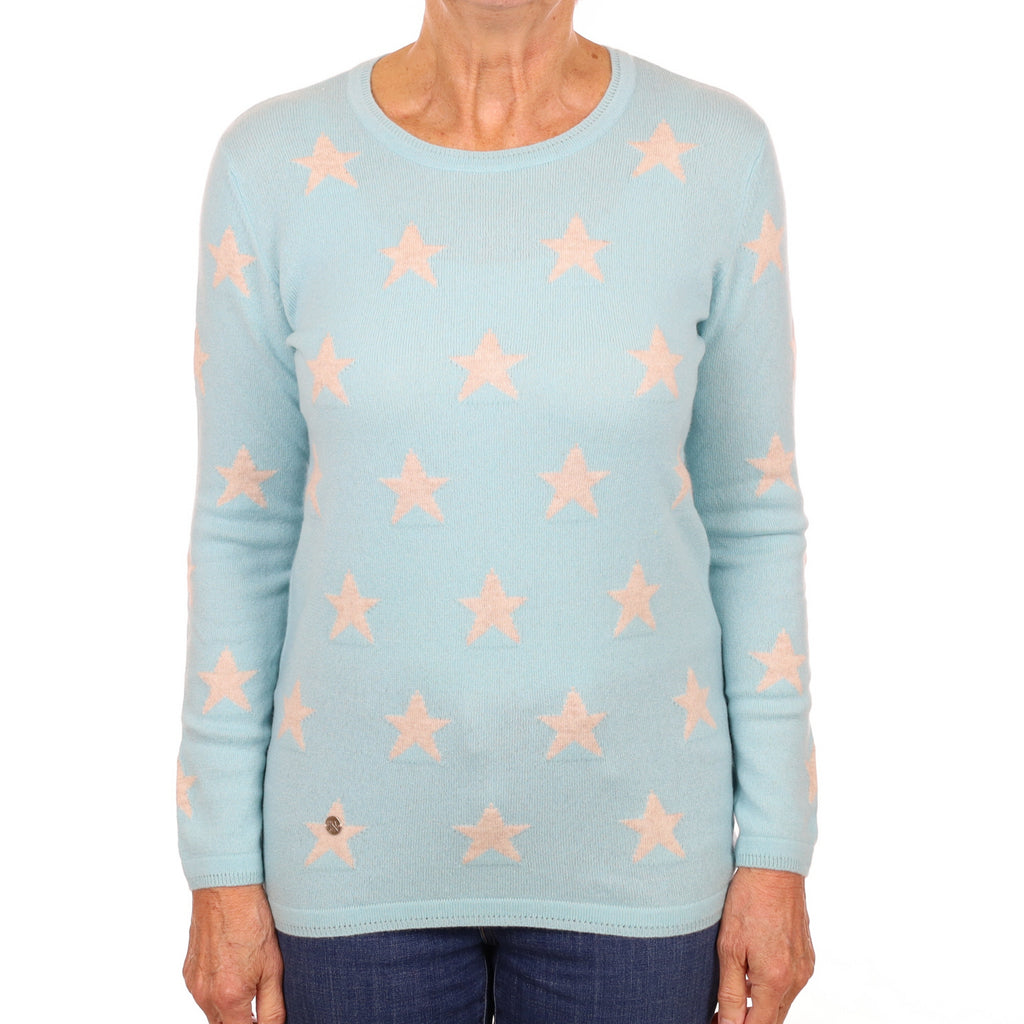 Aqua Blue Star Patterned Cashmere Crew Neck Jumper Medium