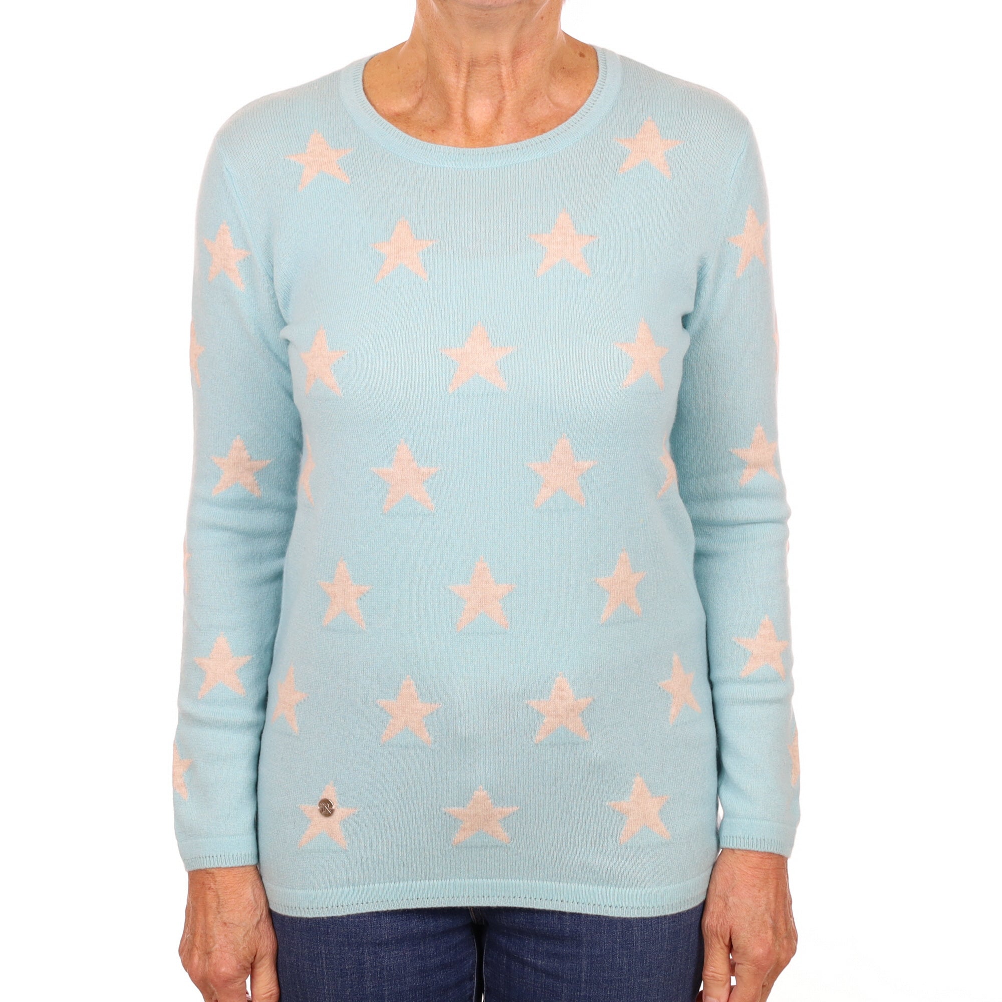 Aqua Blue Star Patterned Cashmere Crew Neck Jumper Medium