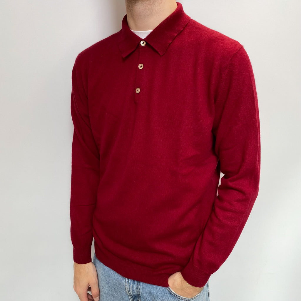 Men's Crimson Red Cashmere Collared 1/4 Button Jumper Large