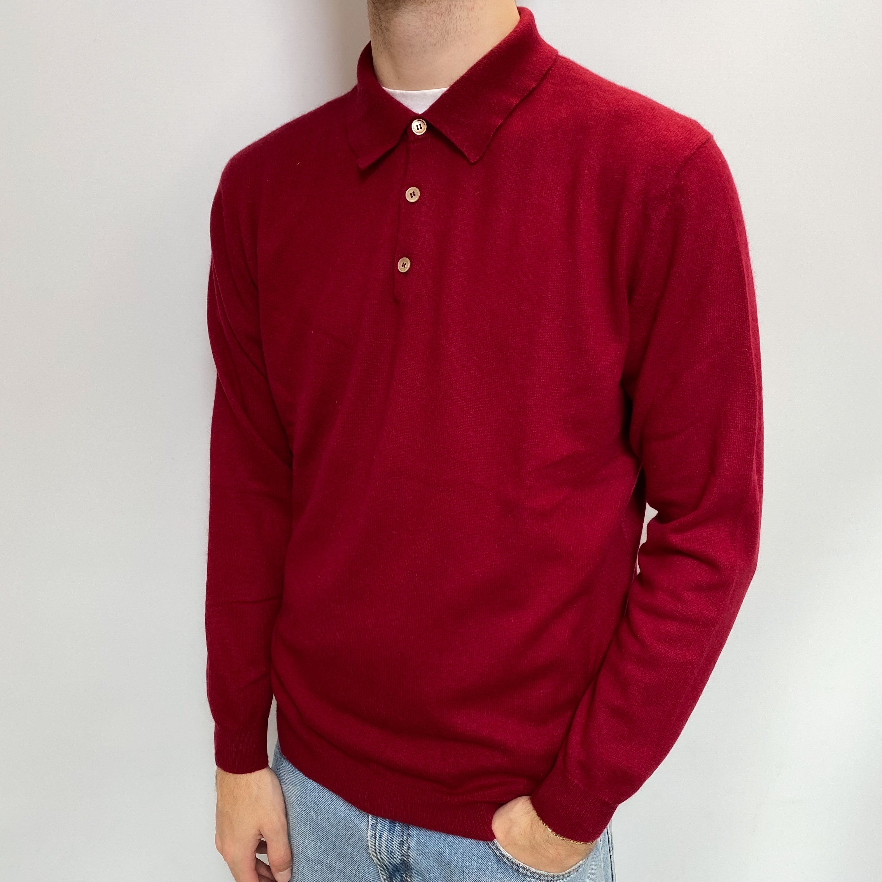 Men's Crimson Red Cashmere Collared 1/4 Button Jumper Large